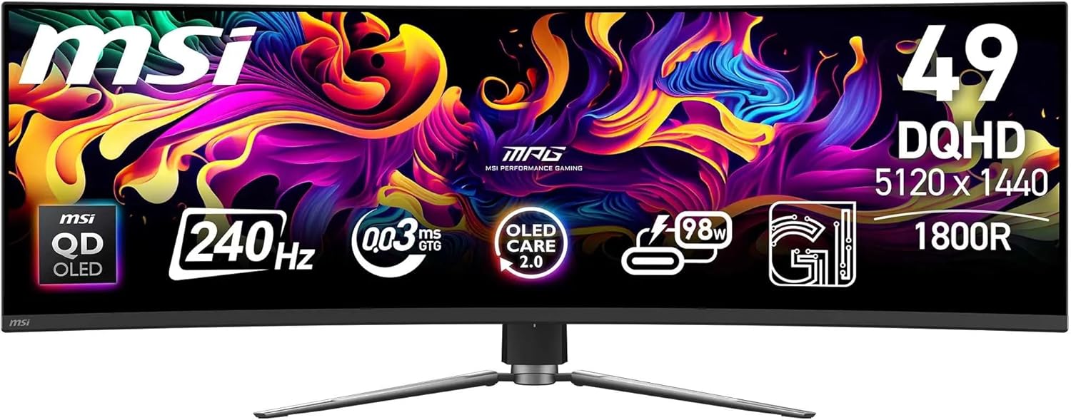 MSI MPG 491CQPX QD-OLED Monitor curvo de jogos de 49" DQHD, 1800R, 5120 x 1440 Quantum Dot OLED painel, 240 Hz/0,03 ms, 99% DCI-P43, ecrã HDR True Black 00, KV. M/Preto