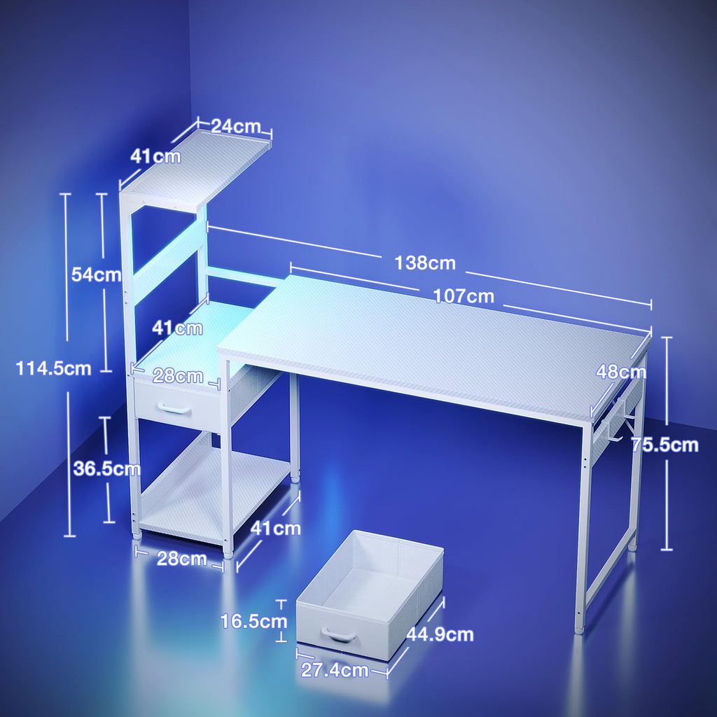 Escritorio para juegos Coleshome con iluminación LED, 120 x 48 cm, cajones y soporte, reversible, con gancho para casco, fibra de carbono negra 