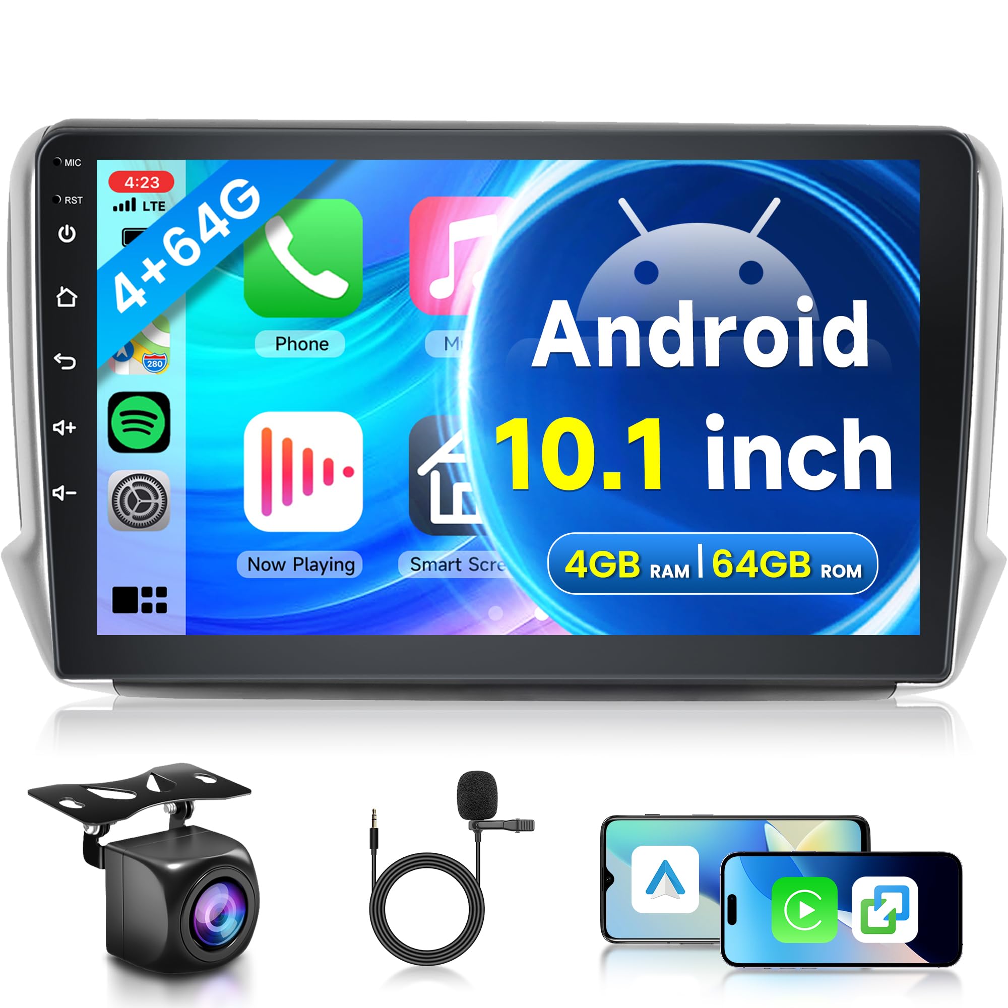 2G+64G Wireless Carplay Android 13 Car Radio 2 Din for Peugeot 2008 208 2012-2018 with Android Auto GPS Navi WiFi 10.1 Inch Car Radio with Bluetooth FM/RDS Radio USB/EQ/SWC Rear Camera