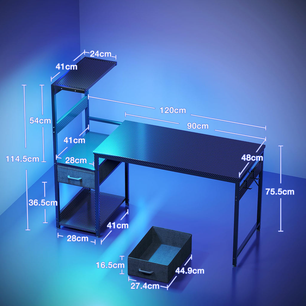 Escritorio para juegos Coleshome con iluminación LED, 120 x 48 cm, cajones y soporte, reversible, con gancho para casco, fibra de carbono negra 