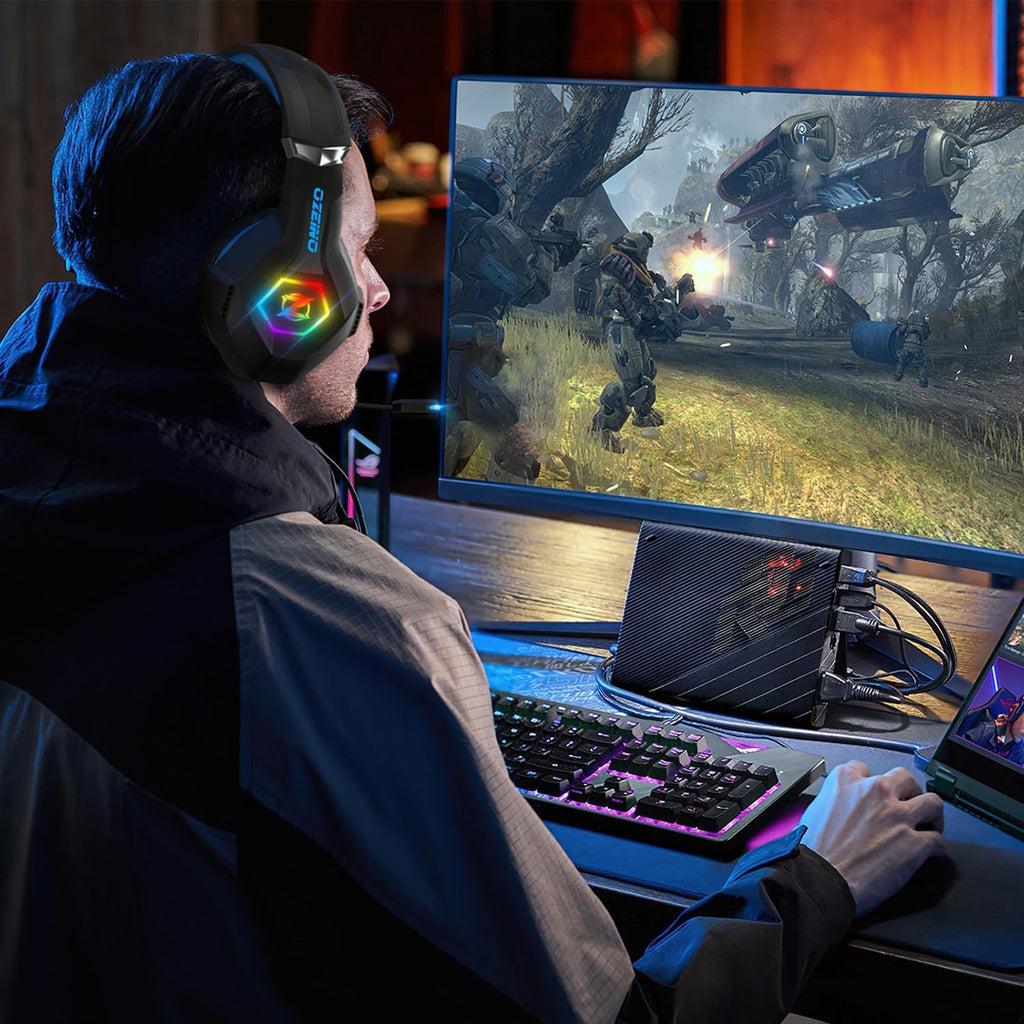 Gaming headset, gaming headset with rotating microphone, RGB light, premium stereo, lightweight comfortable earmuffs, for PS4 PS5 Xbox PC Switch Tablet Laptop 