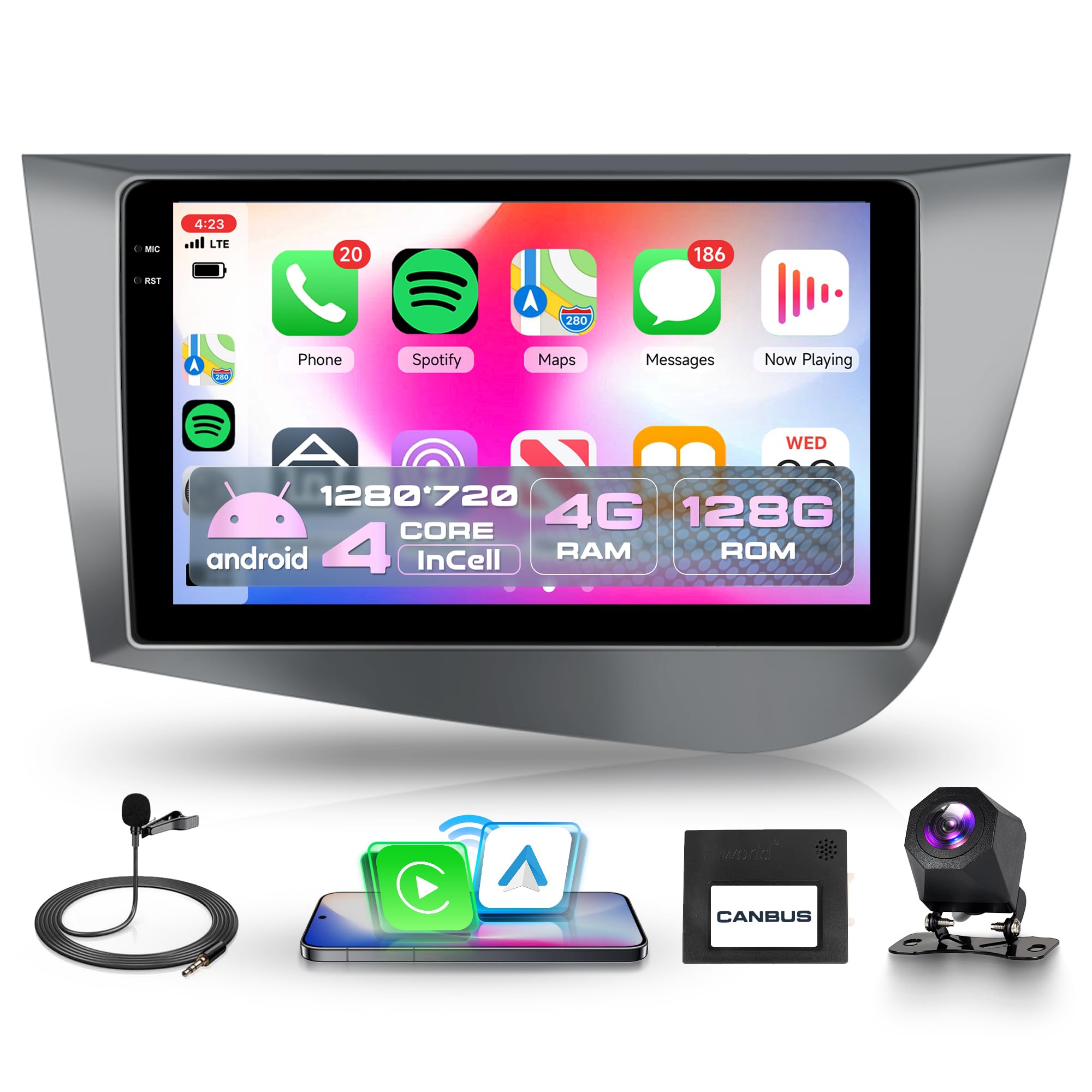 4G+64G Wireless Carplay Android Car Radio for Seat Leon 2 MK2 2005-2012 9 Inch Touchscreen Car Radio with Android Auto GPS Navi WiFi Mirror Link Bluetooth FM/RDS/32EQ/USB/SWC Rear Camera