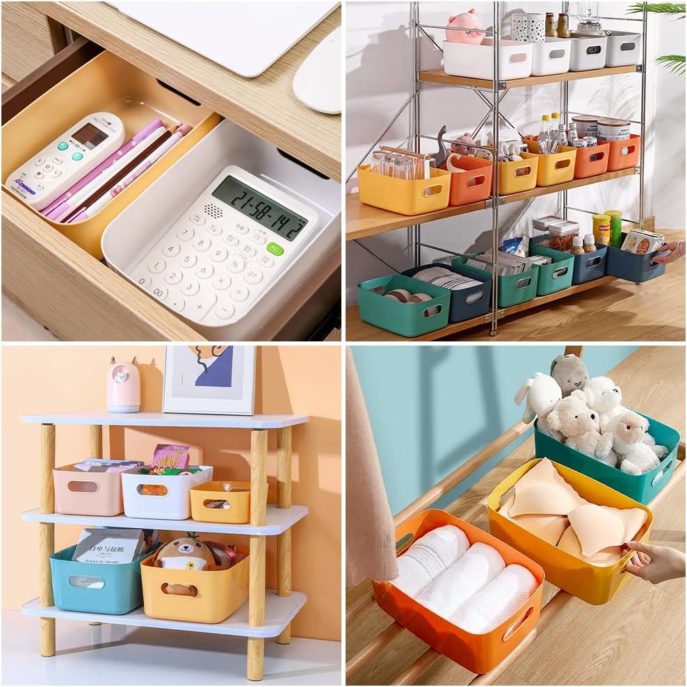 Cestas multiusos de 3 piezas, cajas organizadoras de plástico con asas, cajas apilables con asas (amarillas) 