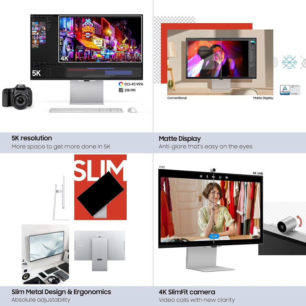 Samsung 27" ViewFinity S9 Series 5K Computer Monitor, Thunderbolt 4, DisplayPort, Matte Display, 4K Slimfit-Camera, Slim Metal Design, AirPlay, Smart-TV Apps, Gaming Hub, LS27C900PANXZA