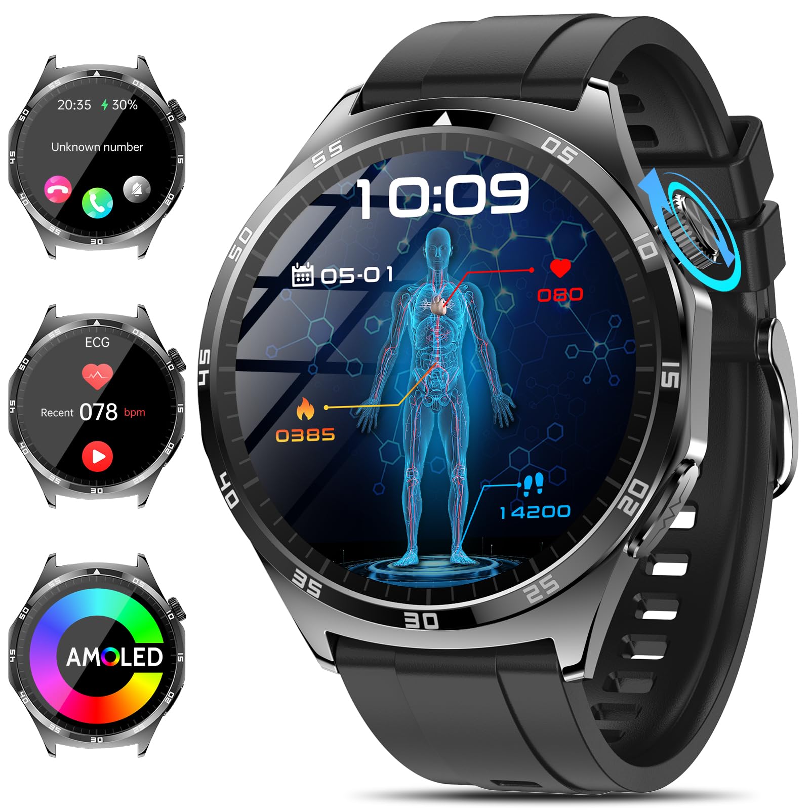 2025 Men's Smart Watch, 1.43 Inch AMOLED Smartwatch with Heart Rate Monitor/SpO2/Uric Acid/Lipids/Sleep/SOS/Bluetooth Call, Sports Fitness Tracker (Carbon Black)