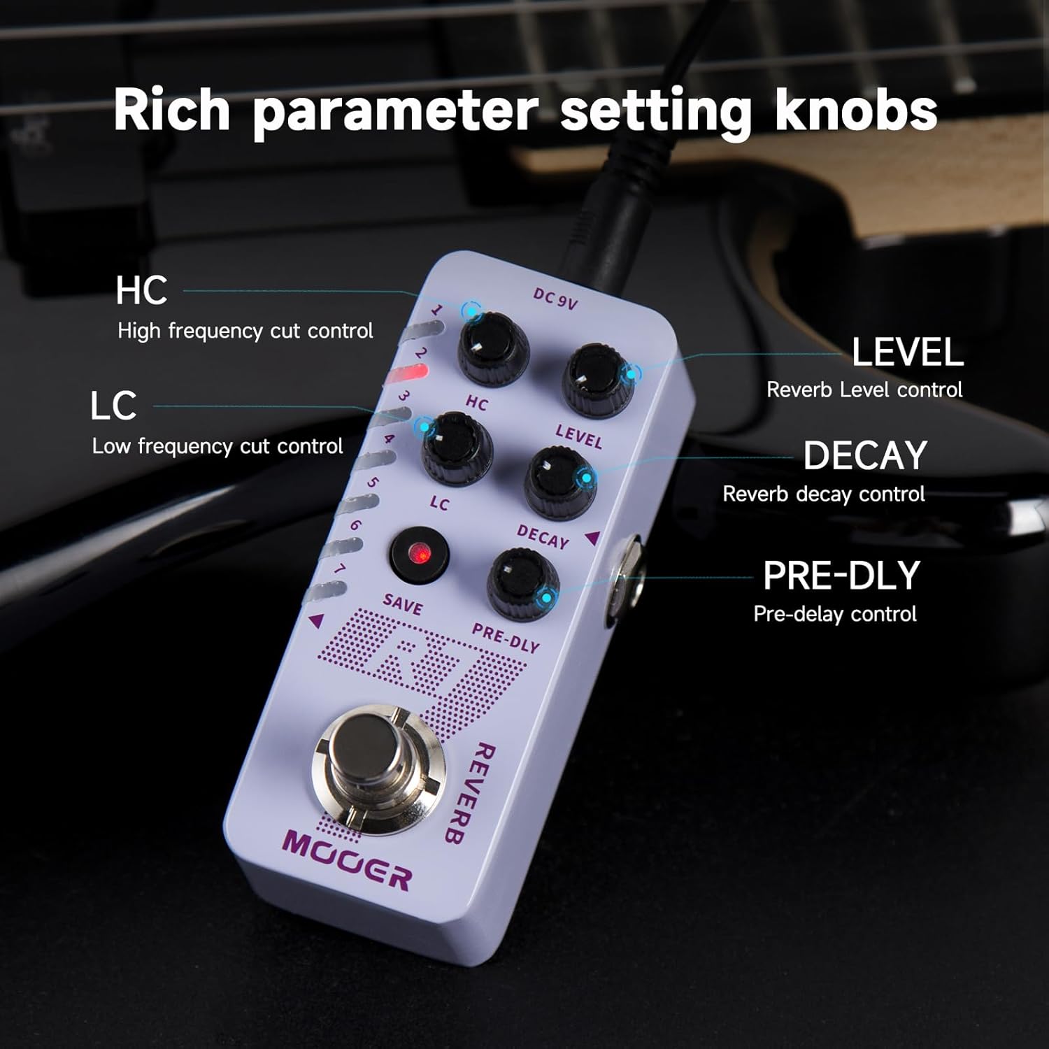 MOOER R7 Guitar Reverb Pedal, 7 Different, Rich and Classic Reverb Types With High Cut, Low Cut, Trail On Function, Buffer Bypass, Storable preset