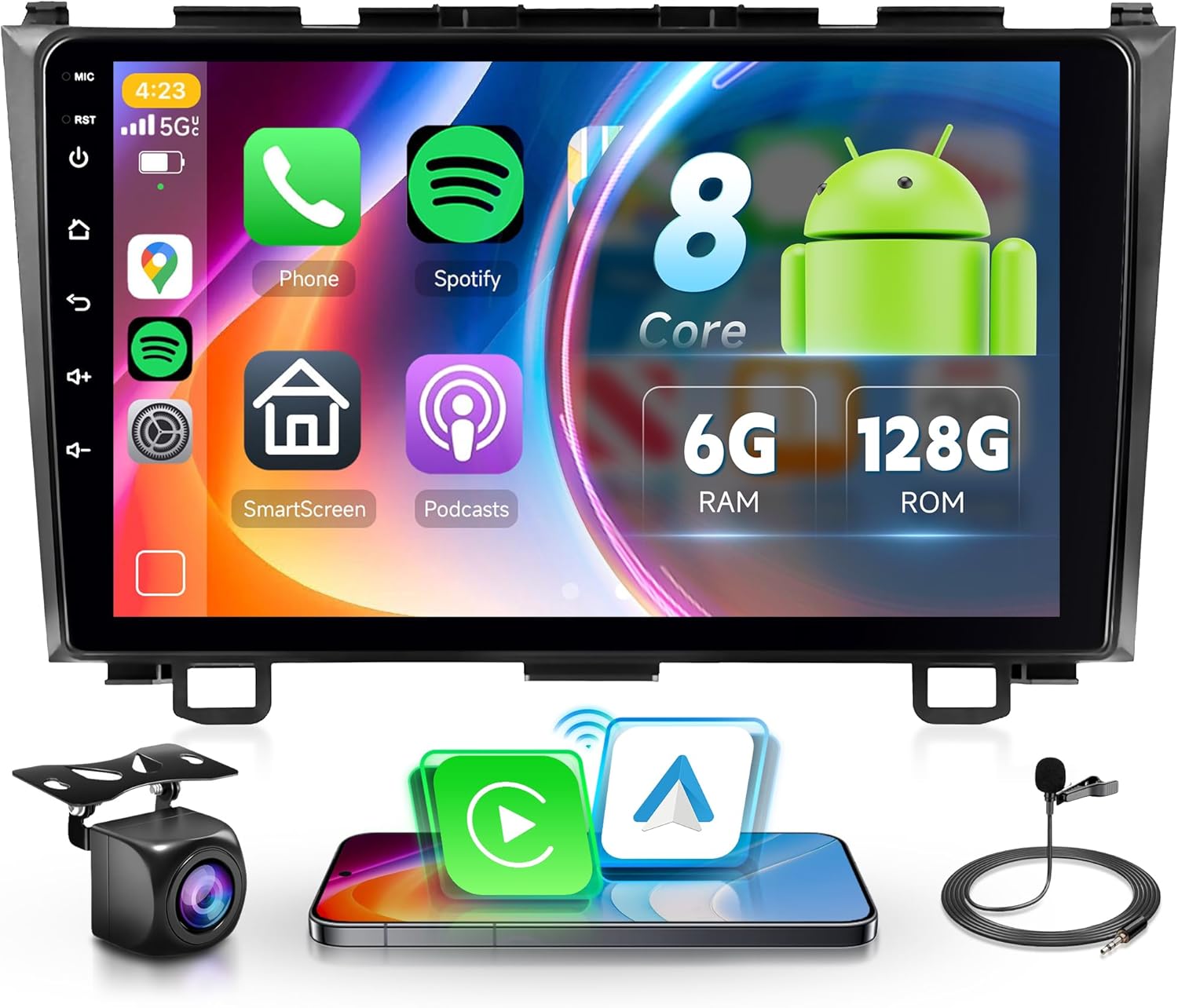 6G+128G 8 Core Inalámbrico Carplay Android Radio Coche para Honda CRV CR-V 3 2007-2011 9 Pulgadas Touchscreen Radio Coche Android Auto GPS Navi WiFi Mirror Link Bluetooth FM/RDS/DSP/SWC Cámara Trasera