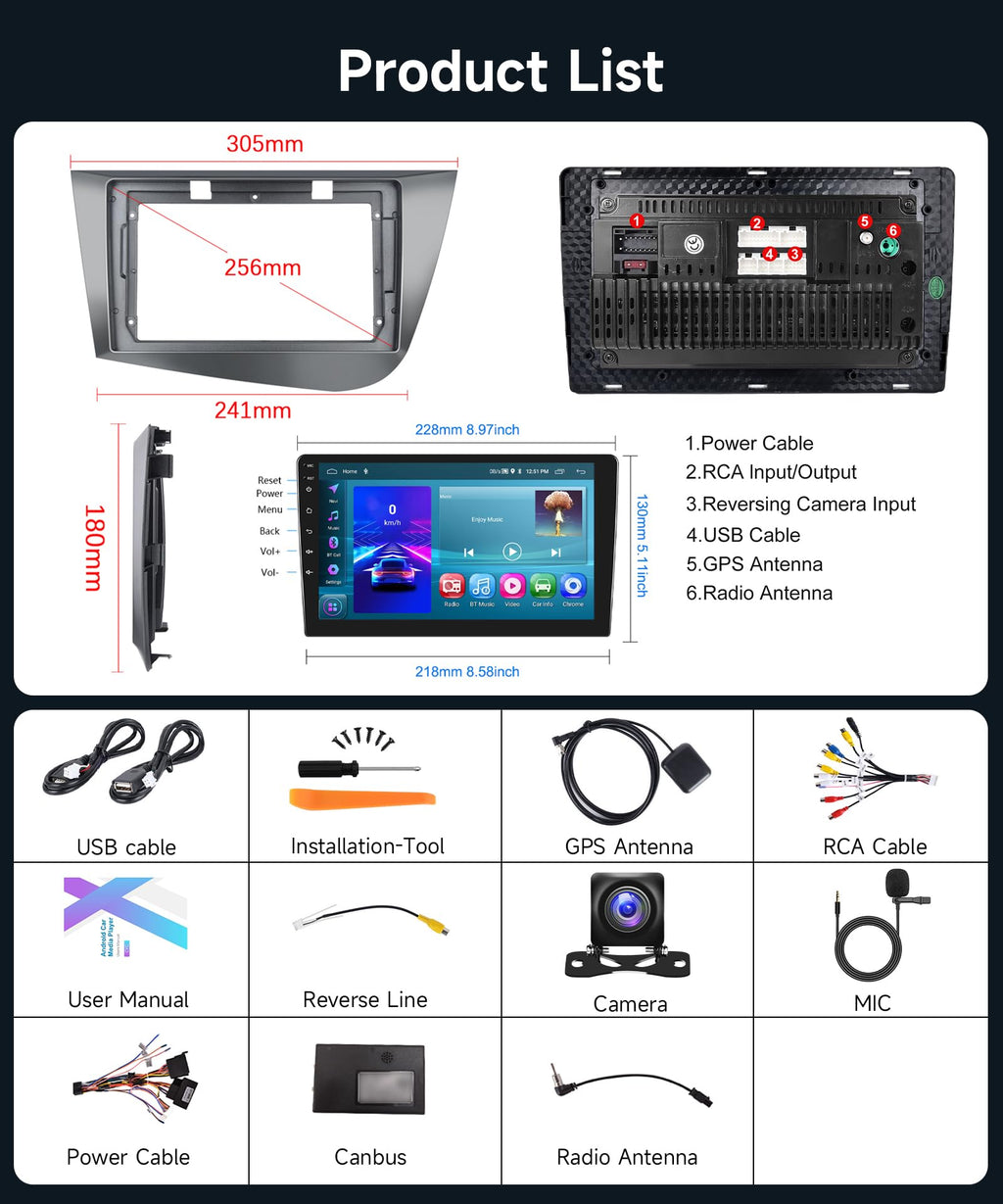 4G+64G Wireless Carplay Android Car Radio for Seat Leon 2 MK2 2005-2012 9 Inch Touchscreen Car Radio with Android Auto GPS Navi WiFi Mirror Link Bluetooth FM/RDS/32EQ/USB/SWC Rear Camera