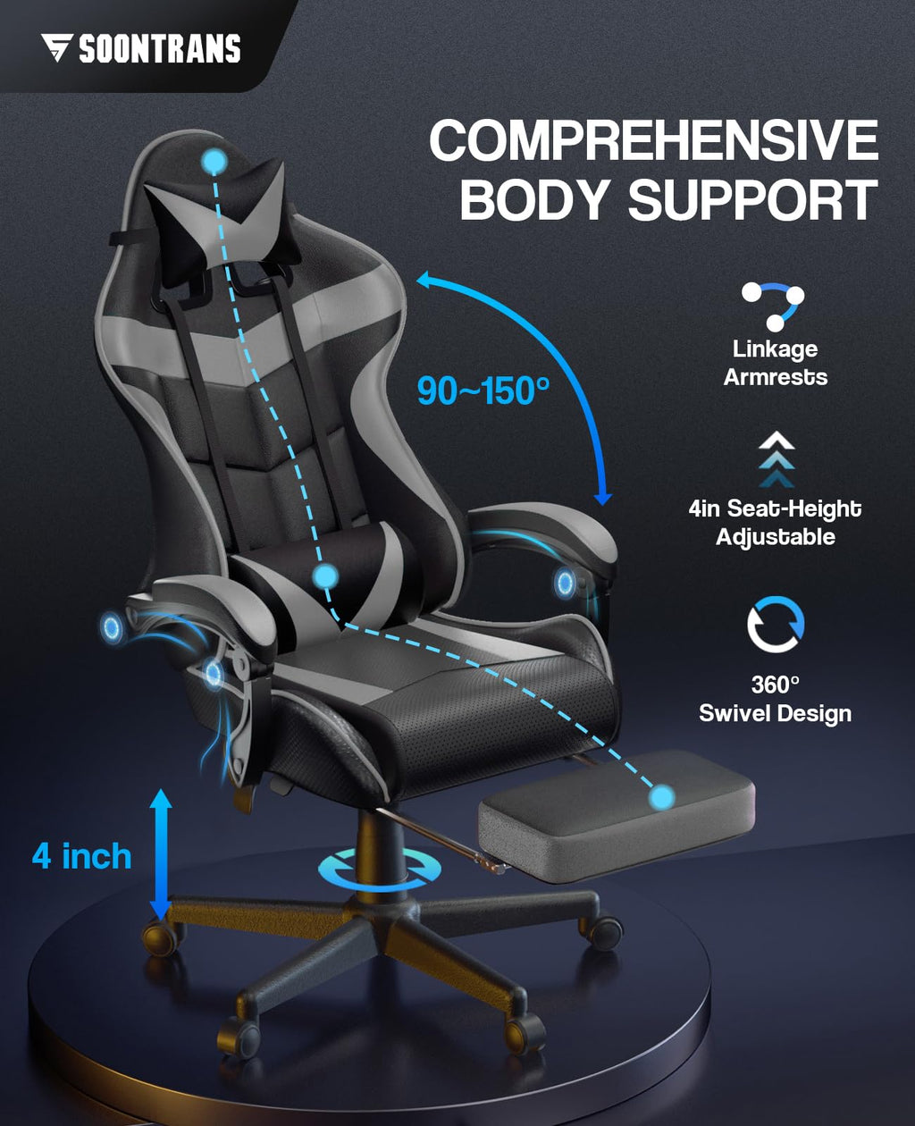 Silla gamer Soontrans con masajeador, reposapiés y reposacabezas, ergonómica, cojín de masaje lumbar, transmisión en vivo de YouTube y PlayStation (azul) 