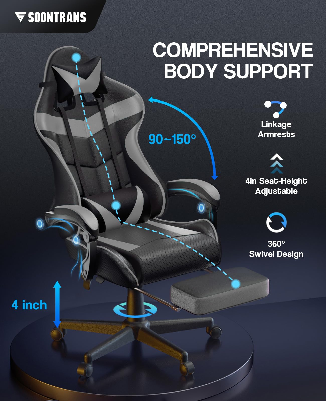 Silla gamer Soontrans con masajeador, reposapiés y reposacabezas, ergonómica, cojín de masaje lumbar, transmisión en vivo de YouTube y PlayStation (azul) 
