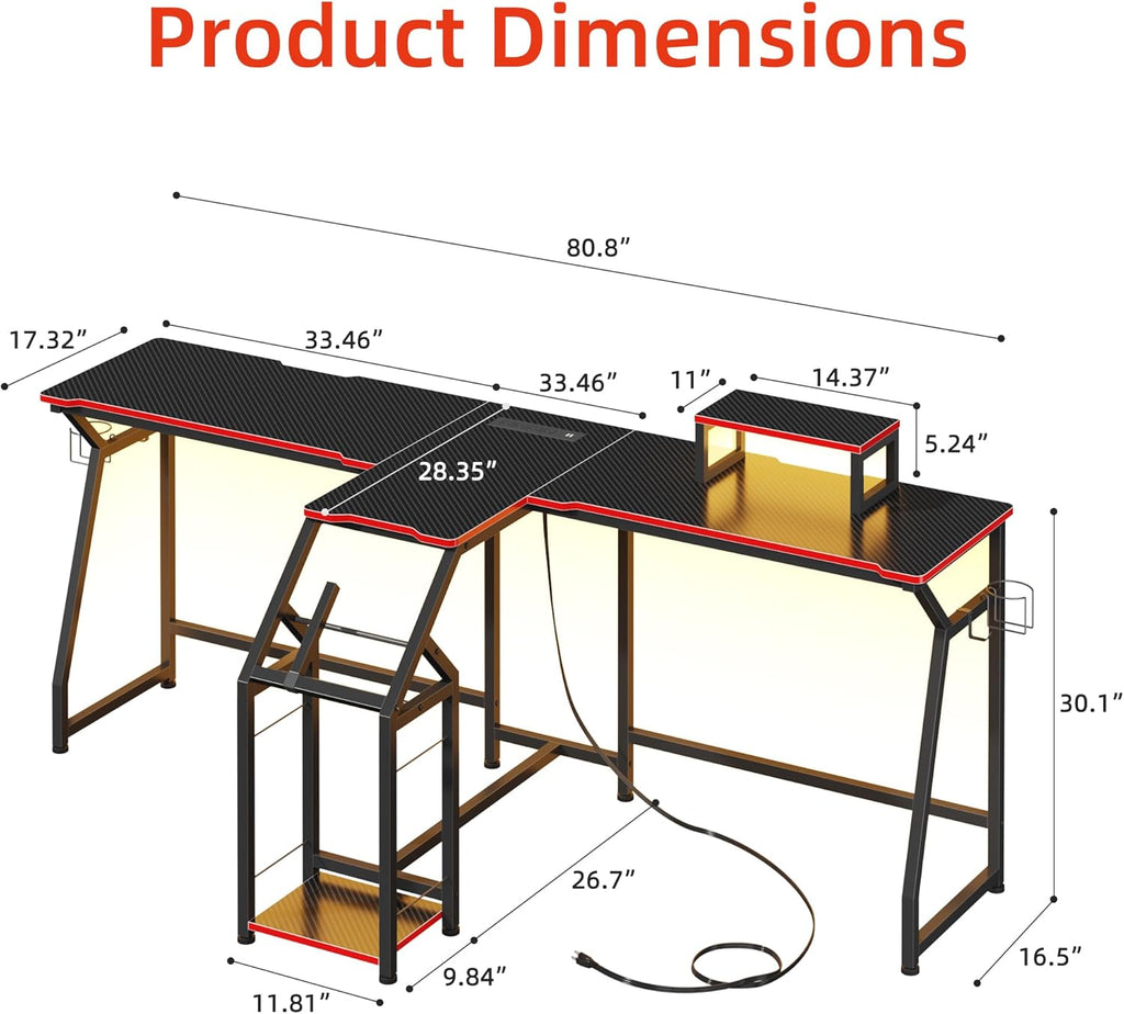 2 Person Computer Desk with Power Strip, Gaming Desk with LED Lights, Storage Rack, Long Double Desk with Monitor Shelf for Home Office, Black&Red Carbon Fiber, 80.8" W