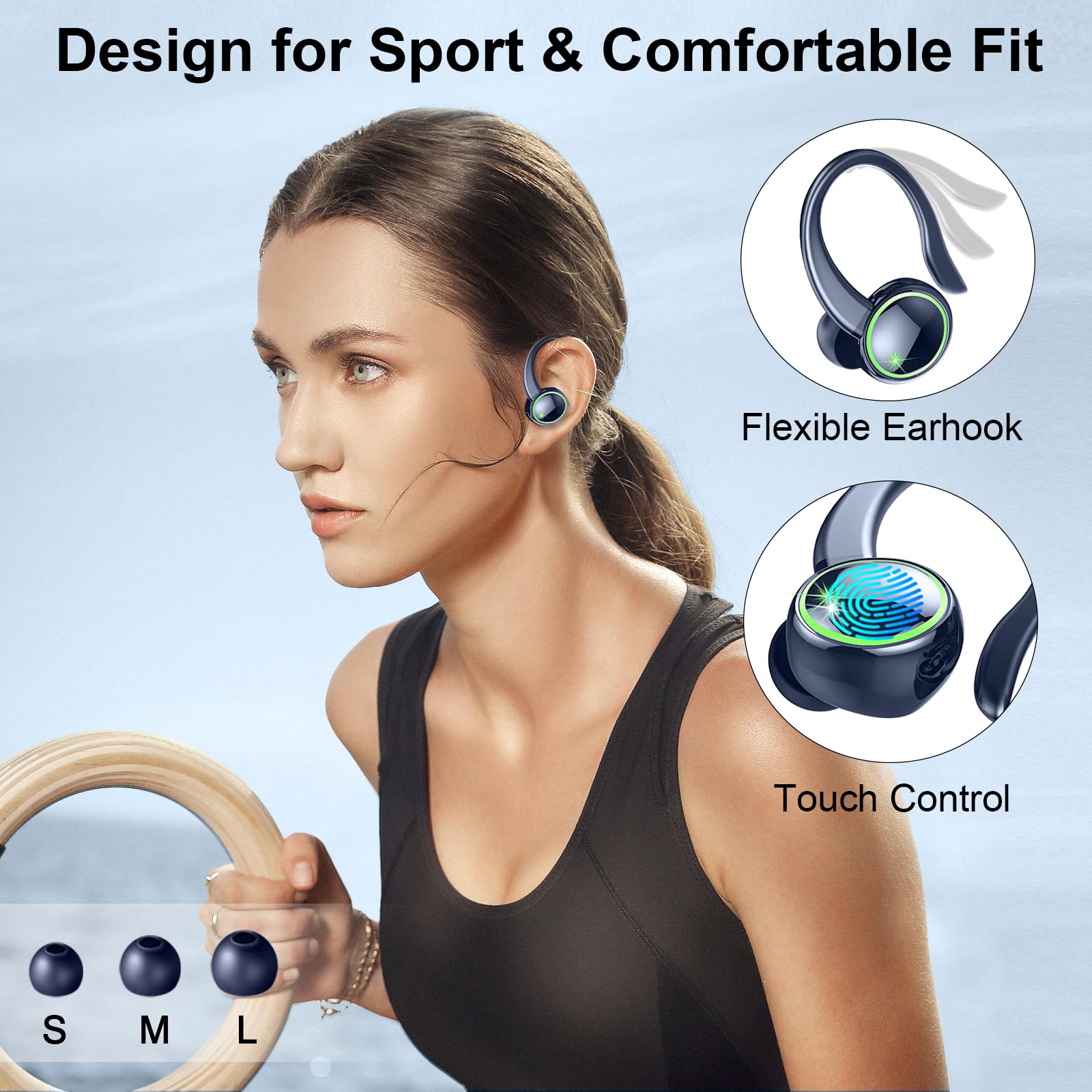 Bluetooth Headphones, Mpermeable Wireless Noise Cancelling Headphones ENC and 4 HD Mics, Sports Bluetooth Headphones with HiFi Stereo, Wireless Earbuds with Display