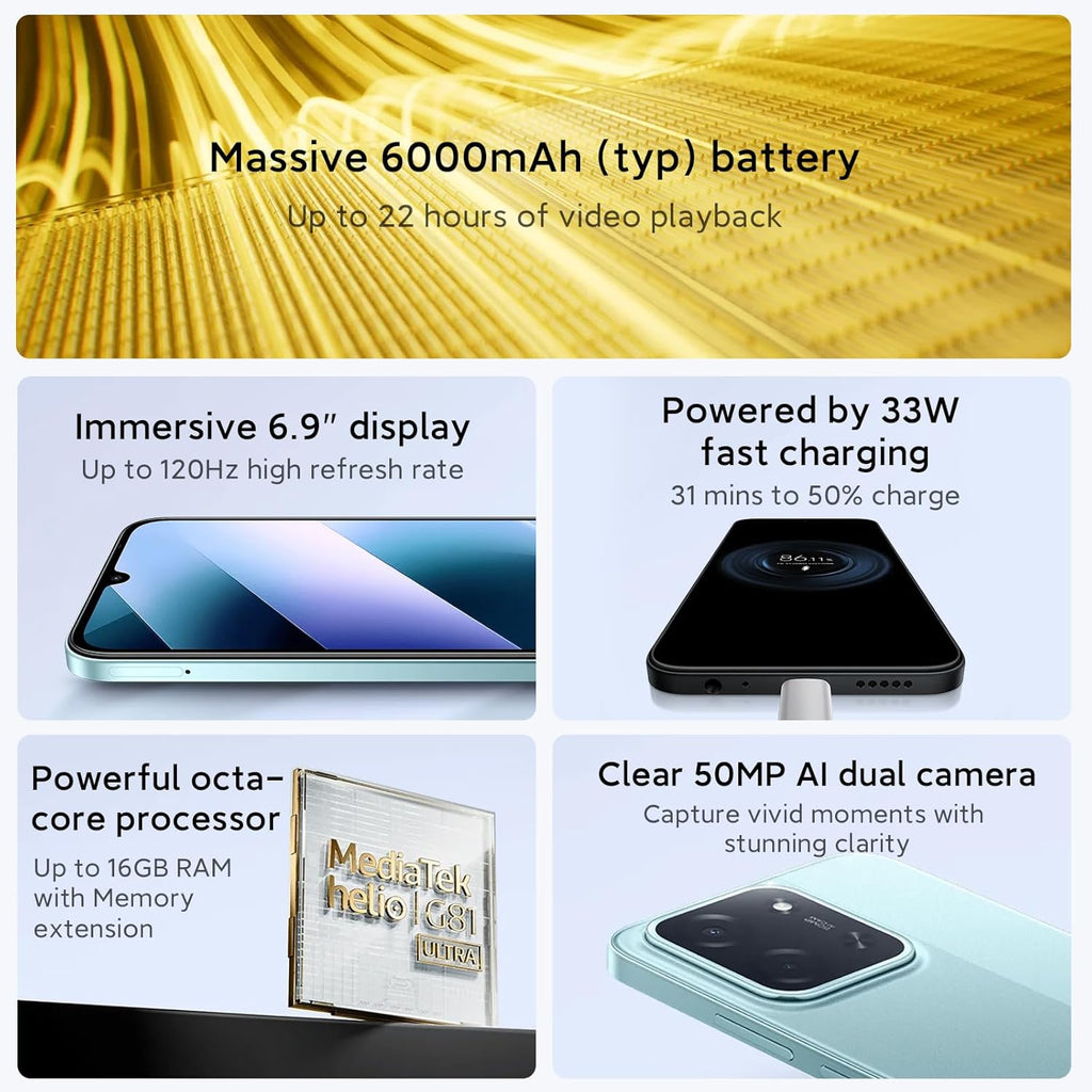 XIAOMI POCO C85 4G Smartphone 8+256GB,Batterie 6000mAh,6.9" 120hz écran immersif,MediaTek G81 Ultra,50MP AI Double Caméra, IP64,Noir