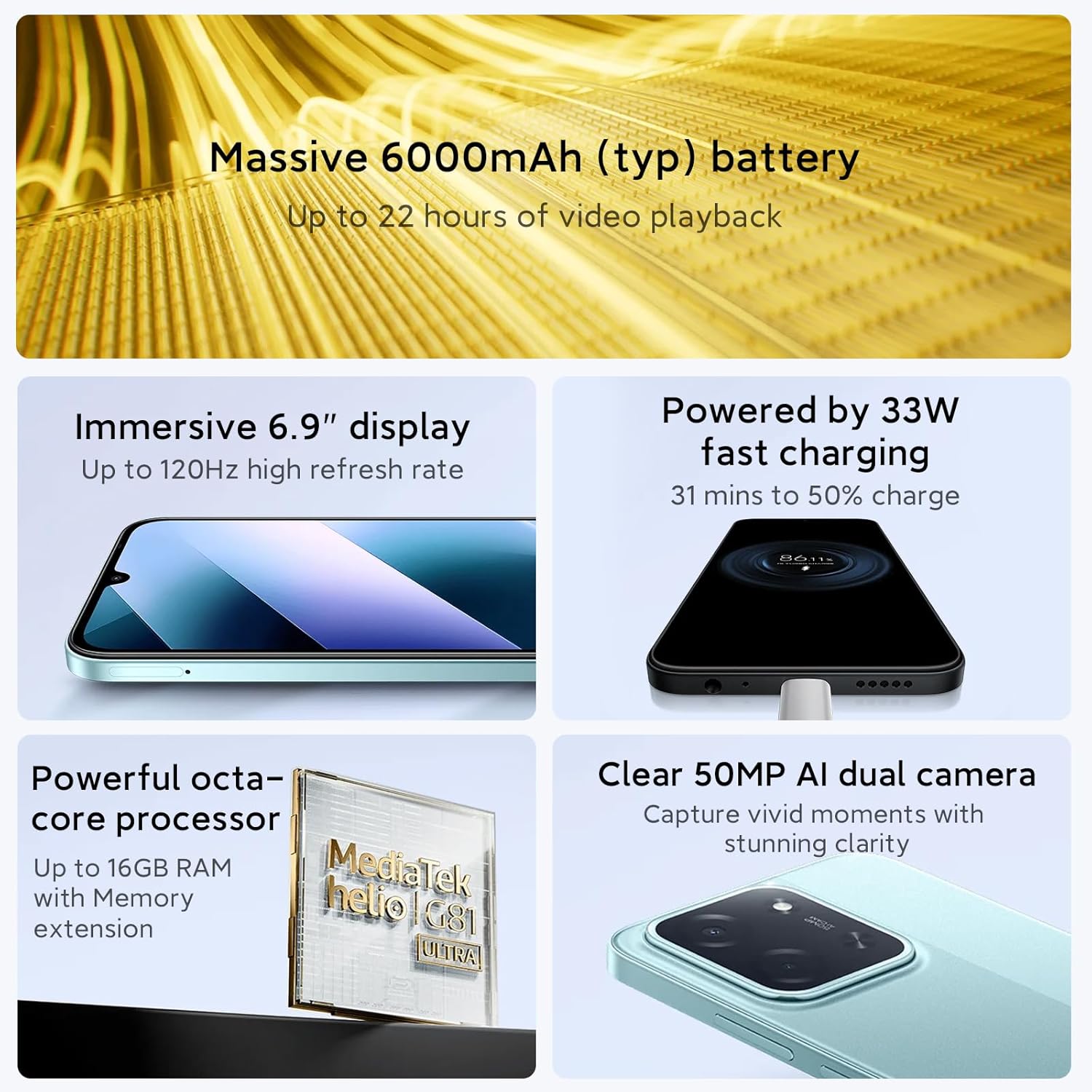 XIAOMI POCO C85 4G Smartphone 8+256GB,Batterie 6000mAh,6.9" 120hz écran immersif,MediaTek G81 Ultra,50MP AI Double Caméra, IP64,Noir