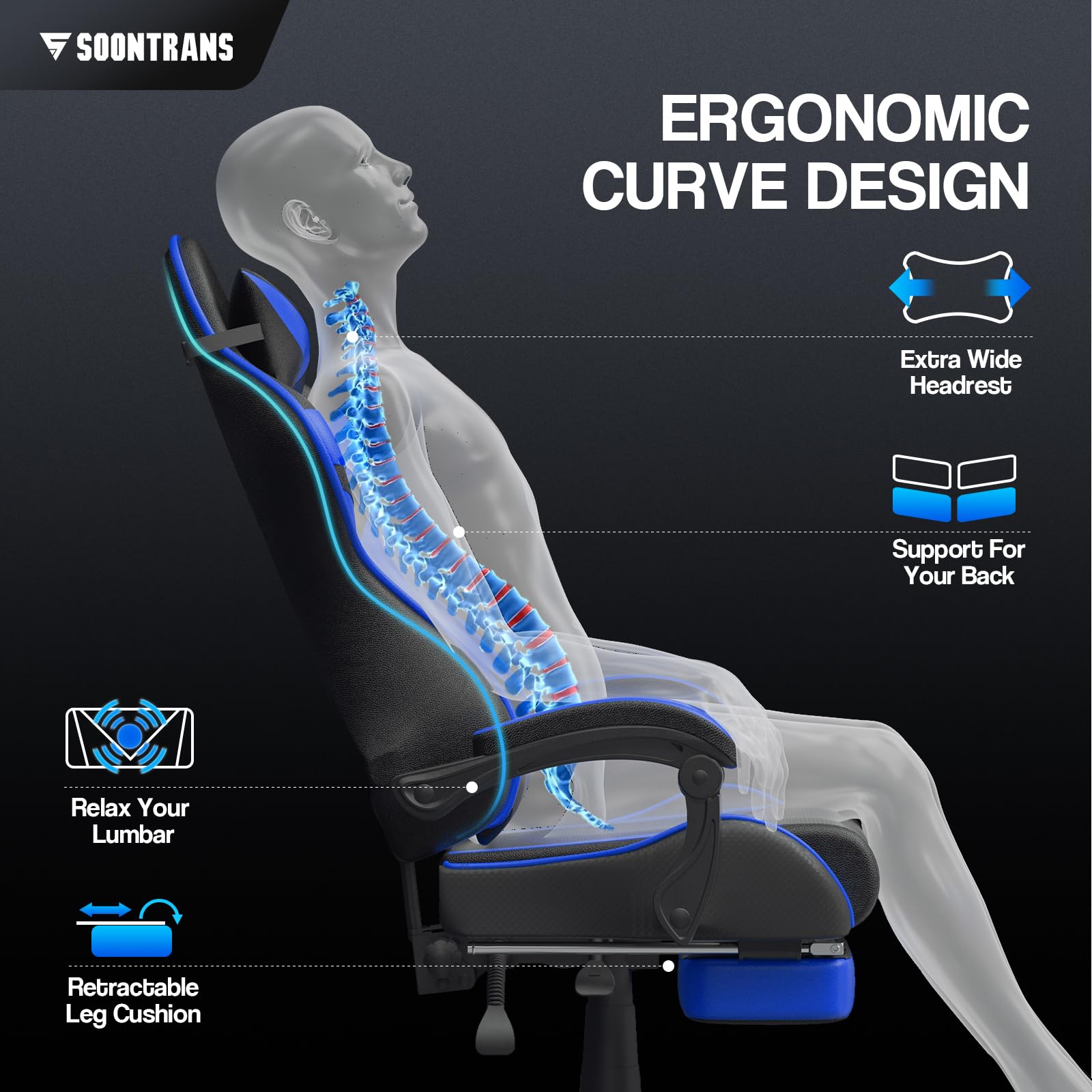 Silla gamer Soontrans con masajeador, reposapiés y reposacabezas, ergonómica, cojín de masaje lumbar, transmisión en vivo de YouTube y PlayStation (azul) 