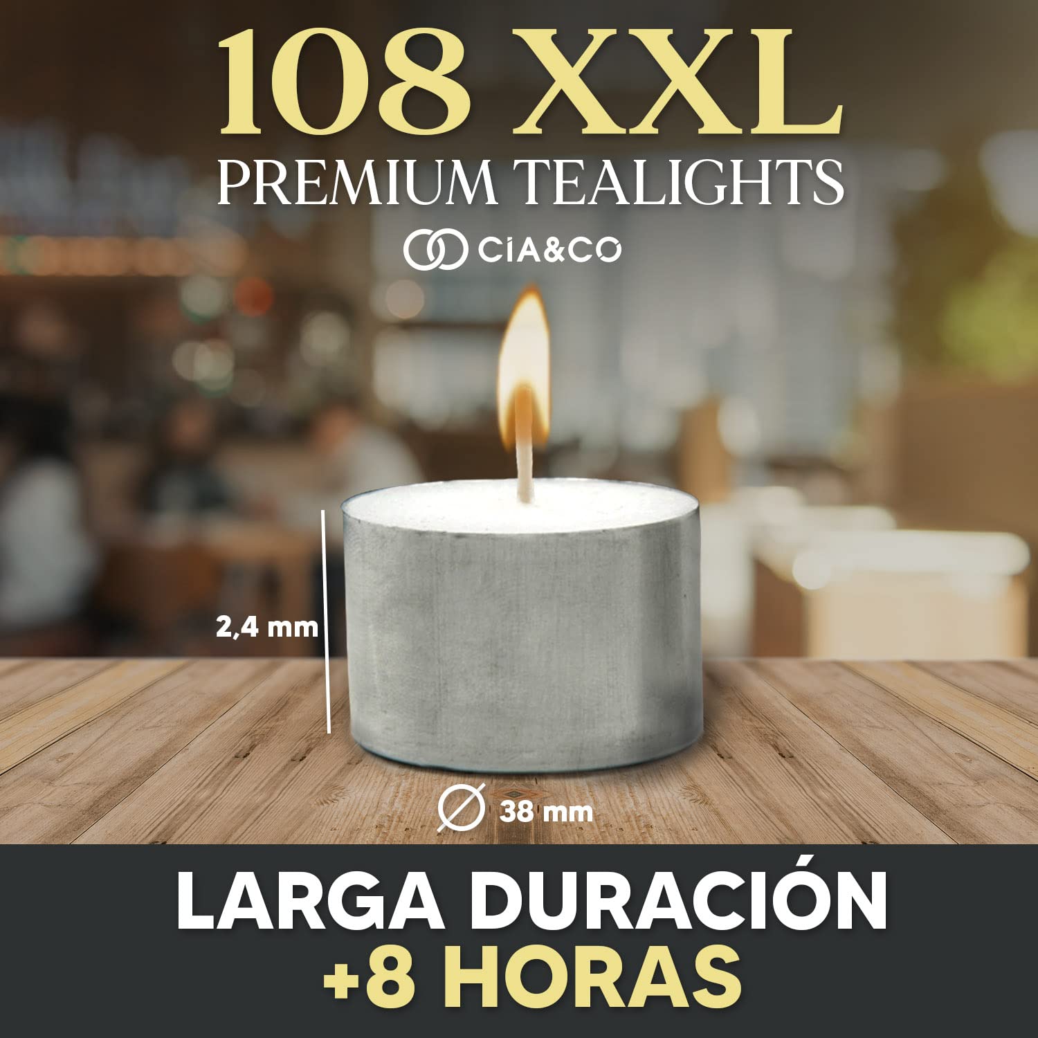 Cia&Co Pack of 108 Tea Lights 8 Hours XXL Long Lasting Round White Candles + 8 Hours Unscented and 100% Paraffin, Diameter 38 mm, Ideal Hospitality Without Odor