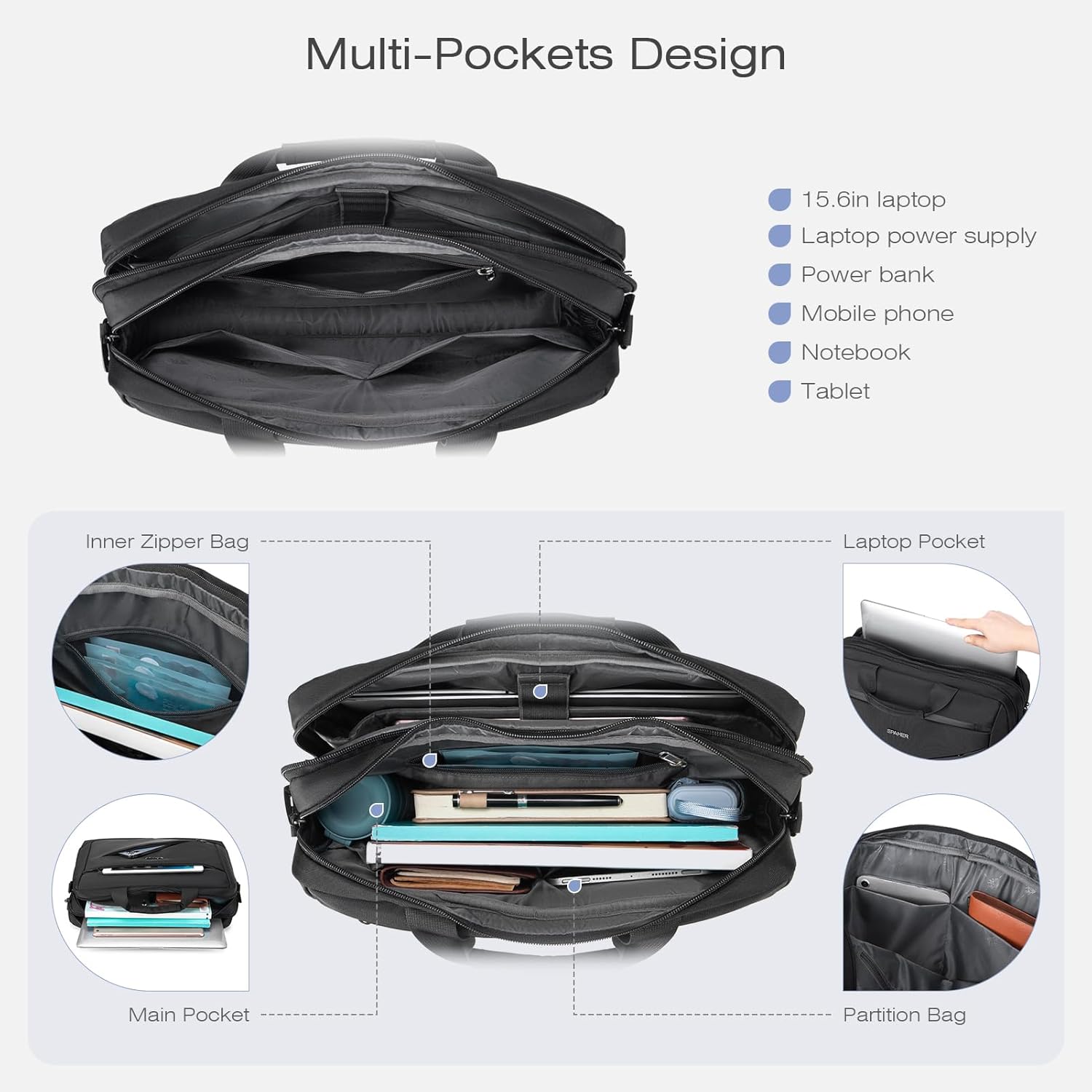 SPAHER Mala de tiracolo portátil 15,6/16 polegadas mala de transporte portátil para computador mala de mensageiro de ombro portátil trabalho mala computador portátil, preto
