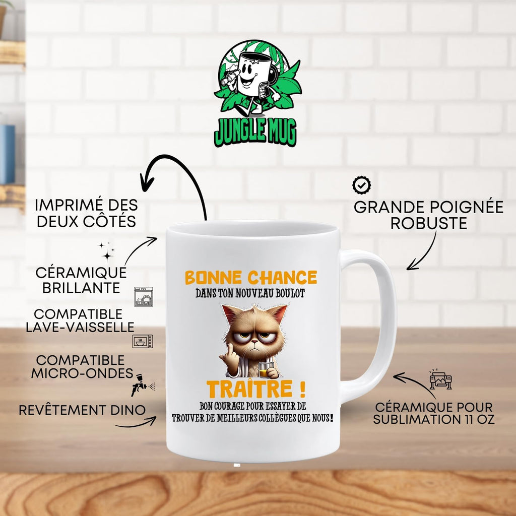 Jungle Mug Caneca do colega | presente divertido de início para colega | Boa sorte traidor! Caneca de humor preta | Caneca de presente para escritório, compatível com máquina de lavar louça e