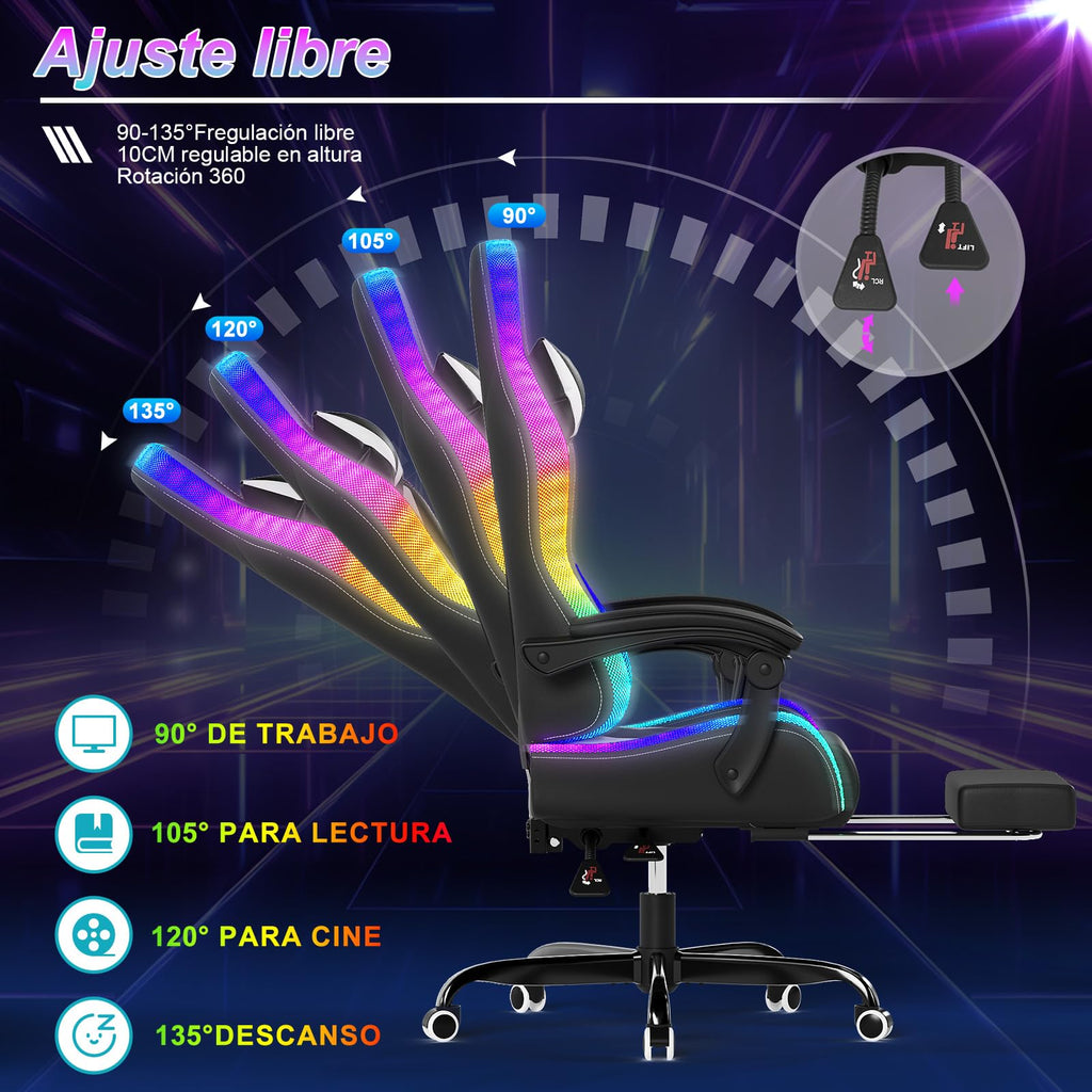 Devoko Cadeira de jogos com massajador e LED, cadeira de escritório ergonómica com apoio para os pés, cadeiras de jogos para escritório e jogos com iluminação RGB(branco)