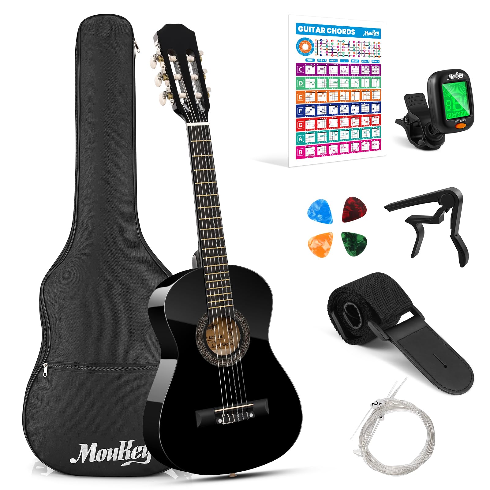 Moukey Acoustic Guitar Full Size Kits for Beginners Adults 4/4 de 41" Guitar Bundles com Chord Poster, Gig Bag, Tuner, Steel Strings, Strap, natural