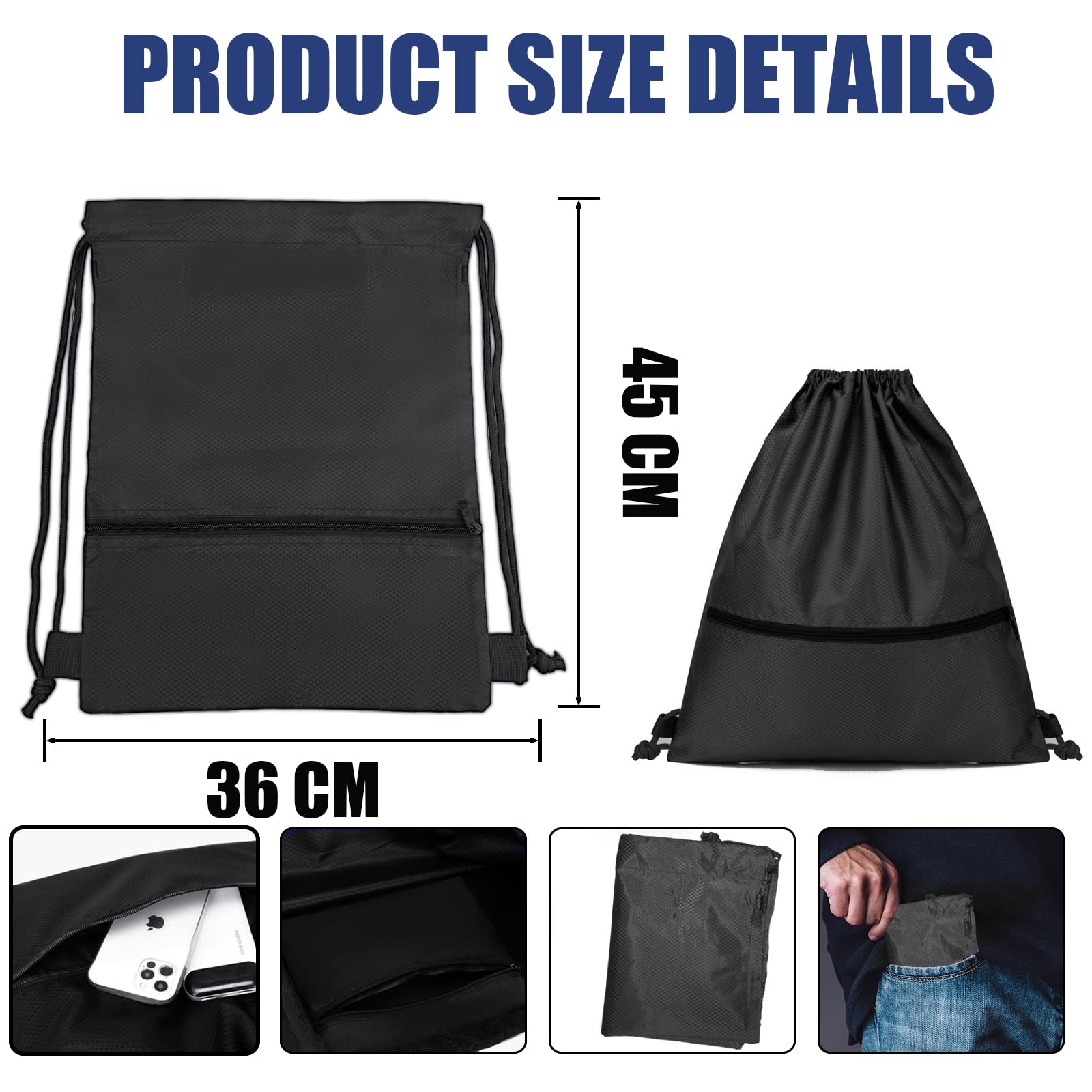 Jsdoin Waterproof Drawstring Bag for Gym, Sports Drawstring Backpack, Sports Bag, Zipper, School, Beach, Holiday, Swimming, Travel