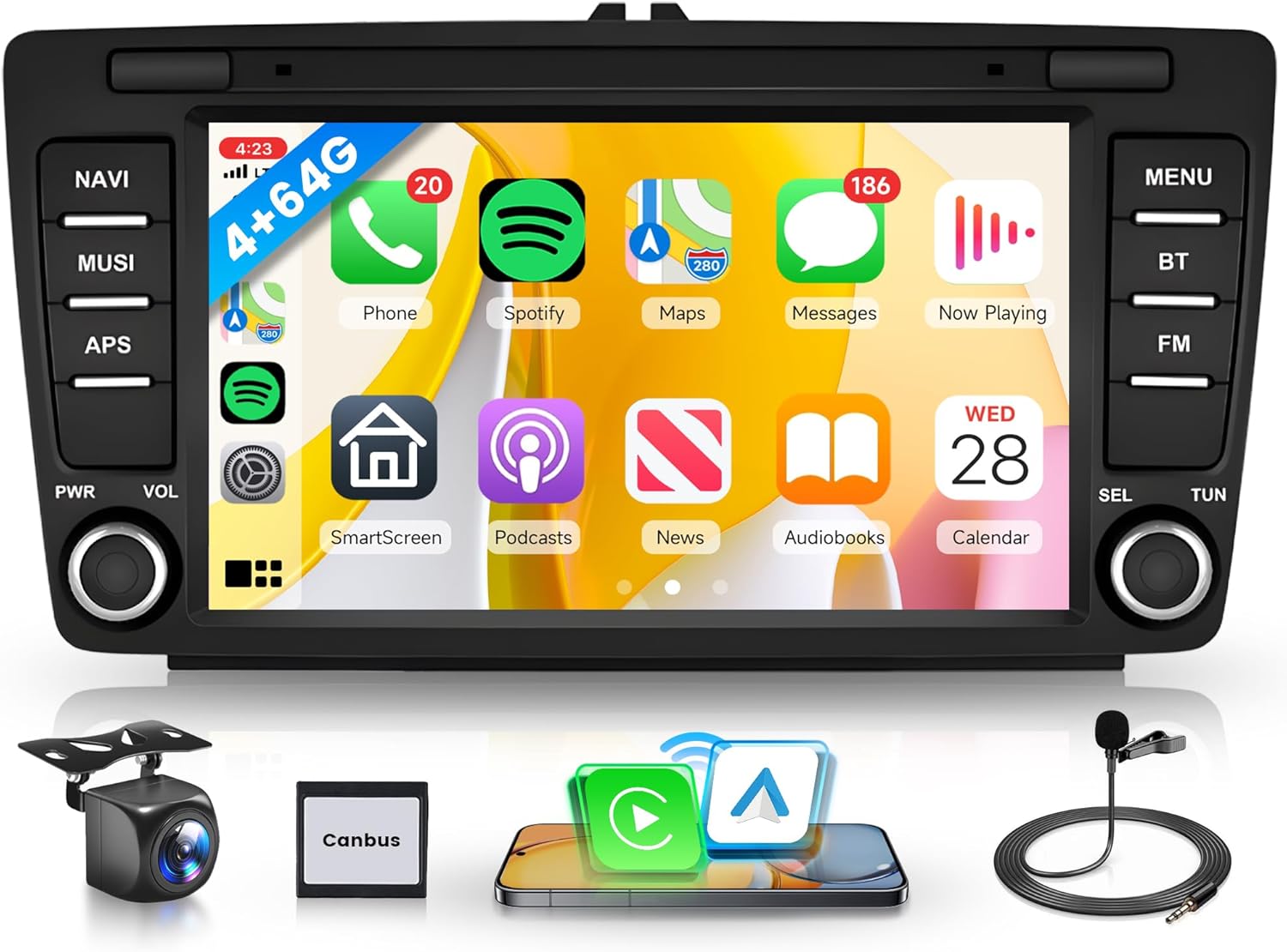 4G+64G Wireless Carplay Android Car Radio for Skoda Octavia 2 MK2 Rapid Yeti Roomster Suparab 8 Inch Radio with Android Auto Navi GPS WiFi Mirror Link Bluetooth FM/RDS/EQ Rear Camera
