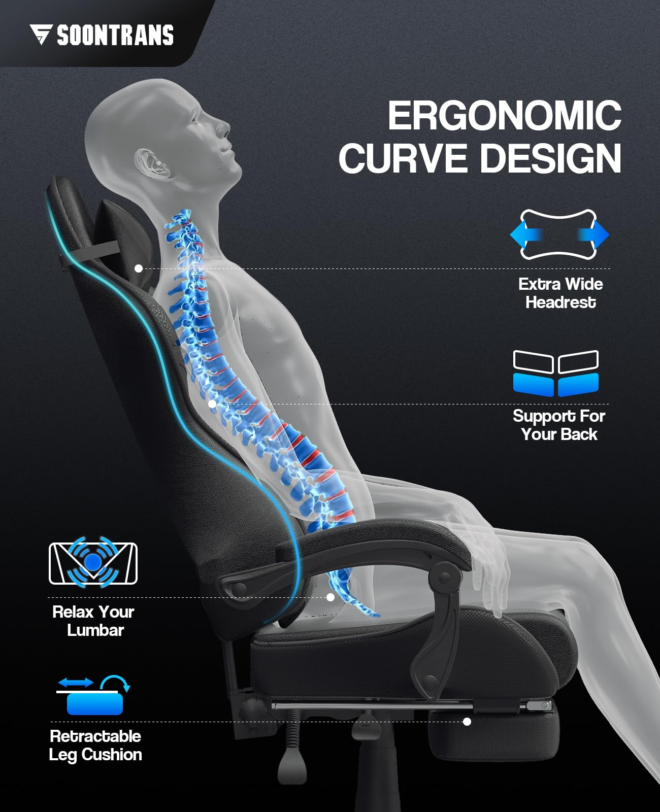 Silla gamer Soontrans con masajeador, reposapiés y reposacabezas, ergonómica, cojín de masaje lumbar, transmisión en vivo de YouTube y PlayStation (azul) 