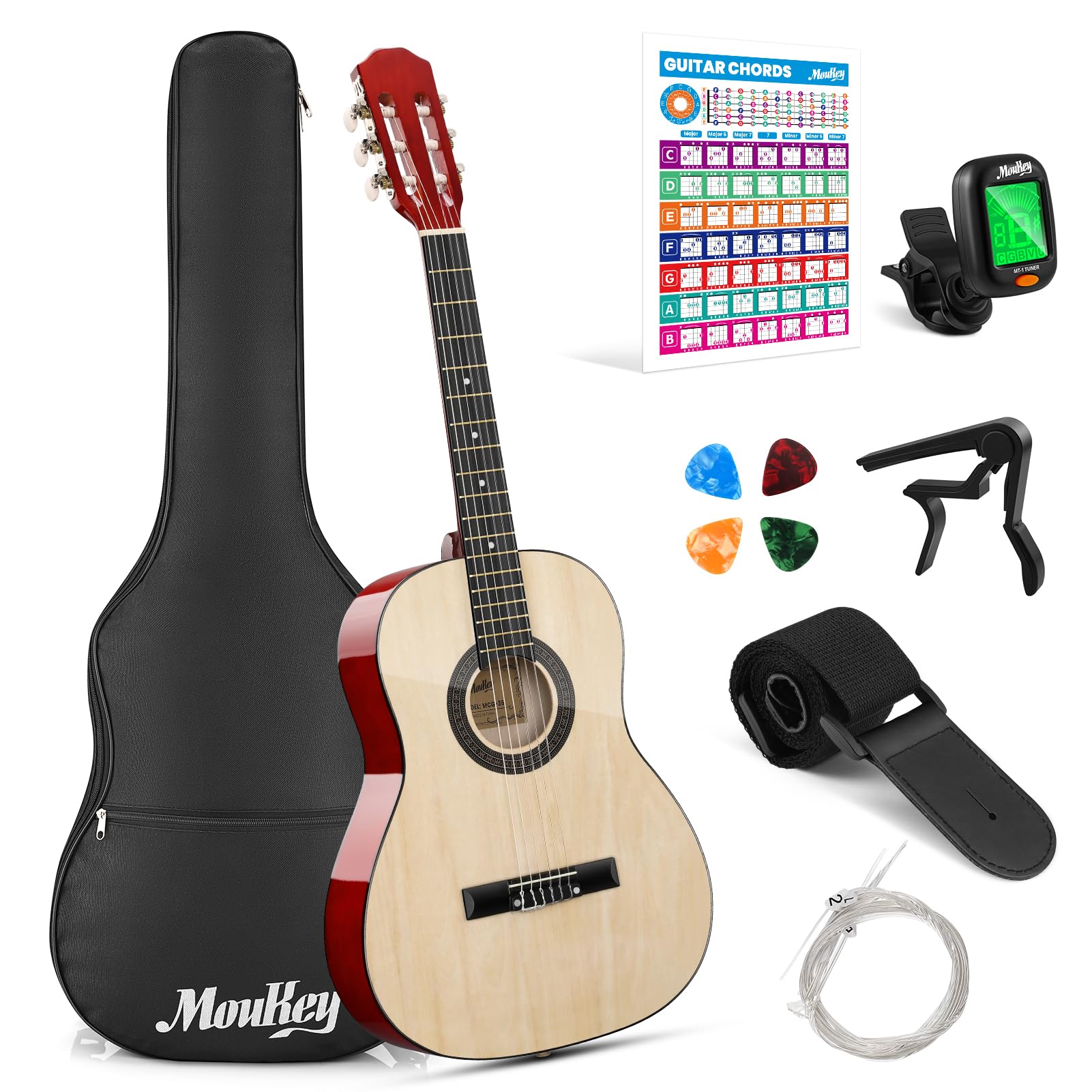 Moukey Acoustic Guitar Full Size Kits for Beginners Adults 4/4 de 41" Guitar Bundles com Chord Poster, Gig Bag, Tuner, Steel Strings, Strap, natural