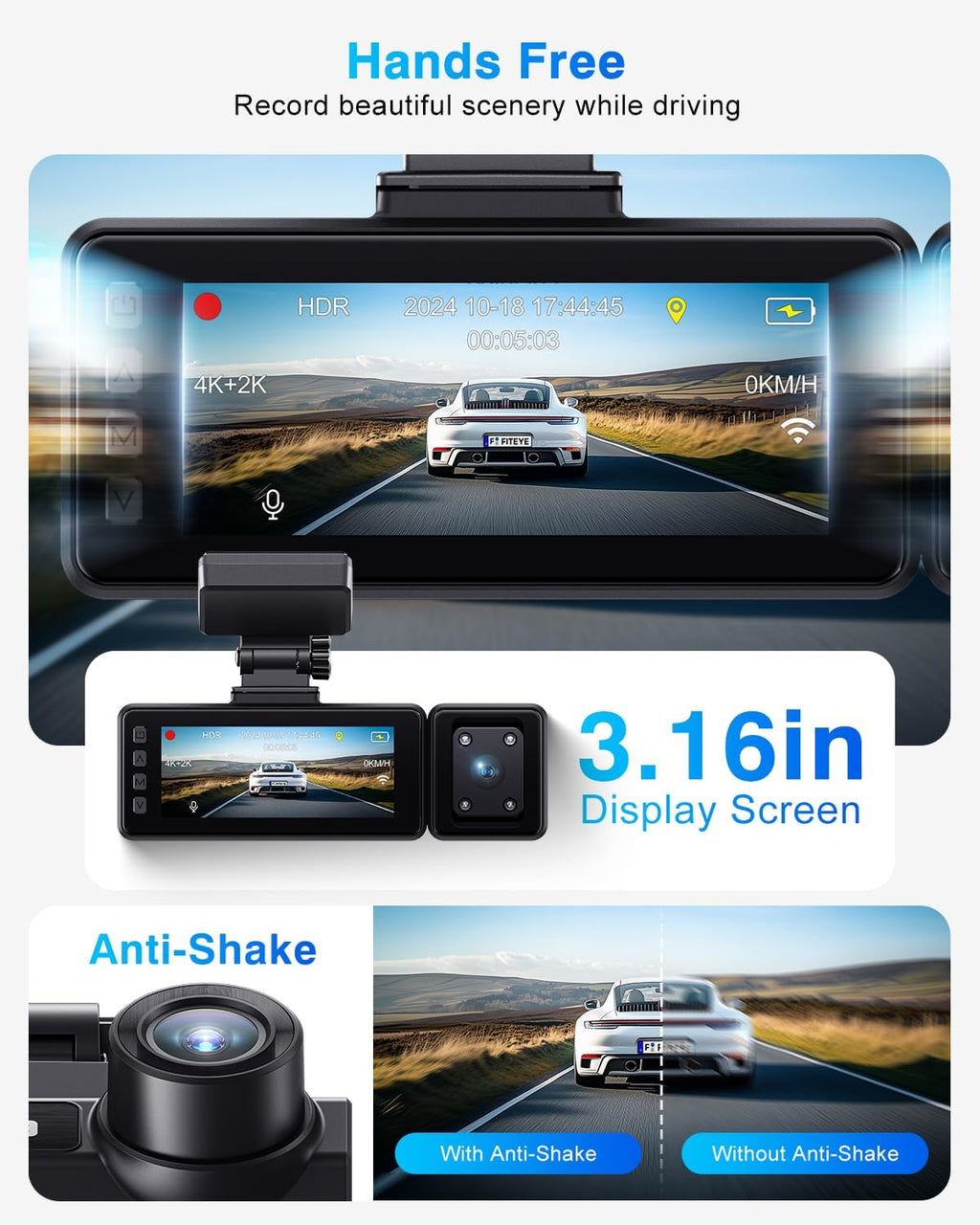 3 Channel 4K Dash Cam, IMX335 STARVIS Sensor, 4K+2K Front and Inside, 2K+1080P+1080P Front and Rear Inside Dash Camera for Cars, Free 64GB Card, Built in WiFi GPS, Intelligent Voice Control