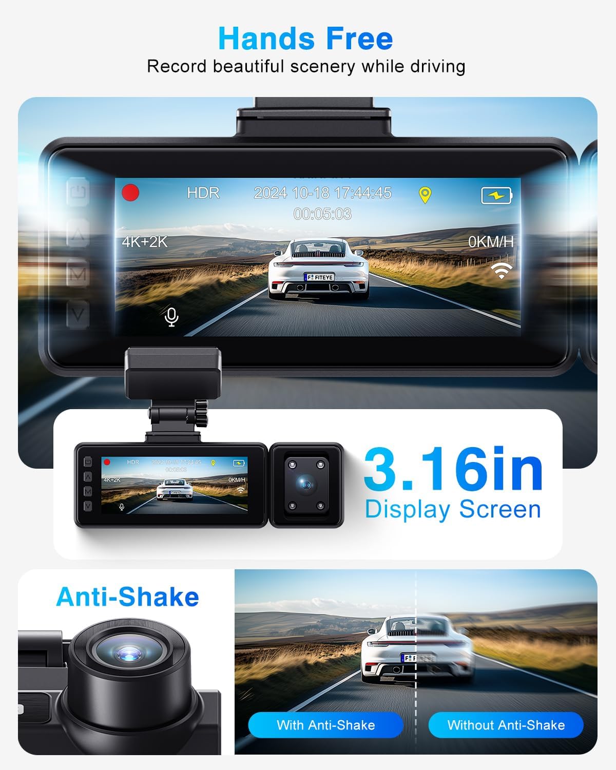 3 Channel 4K Dash Cam, IMX335 STARVIS Sensor, 4K+2K Front and Inside, 2K+1080P+1080P Front and Rear Inside Dash Camera for Cars, Free 64GB Card, Built in WiFi GPS, Intelligent Voice Control