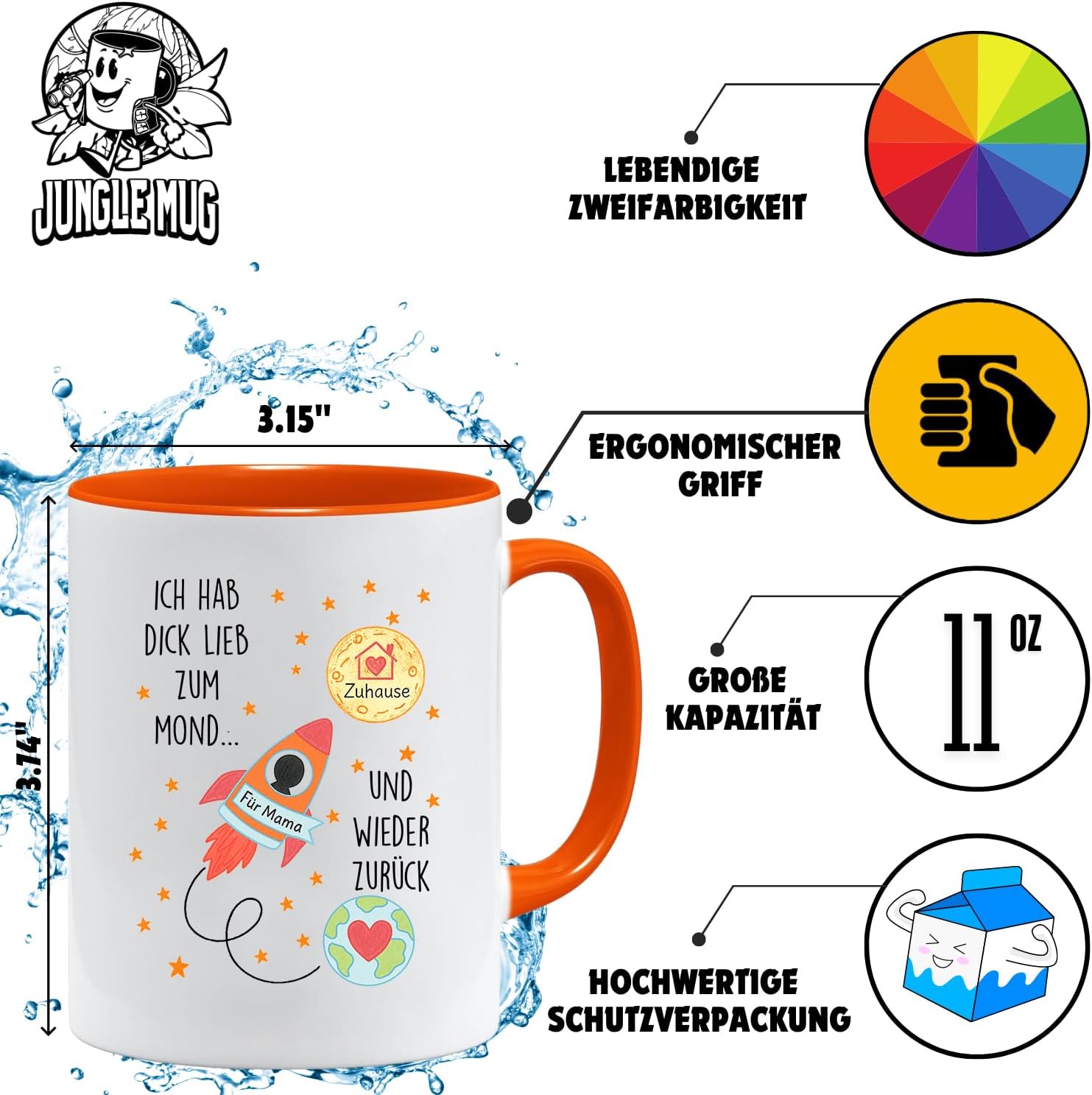 Jungle Mug Caneca com texto em alemão Ich hab dich lieb zum Moon und zurück Tasse | Geschenk für Mama von Kindern | Liebe Raketen-Tasse zum Muttertag | Muttertagsgeschenke