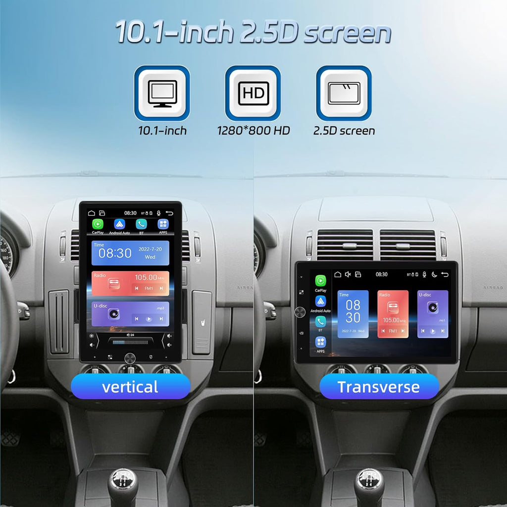 1 DIN Radio with Wireless Carplay & Android Auto Screen – 10.4 Inch Rotatable Car Radio Touch Screen with Mirror Link, FM Radio, USB/AUX/SD Input + Reverse Camera
