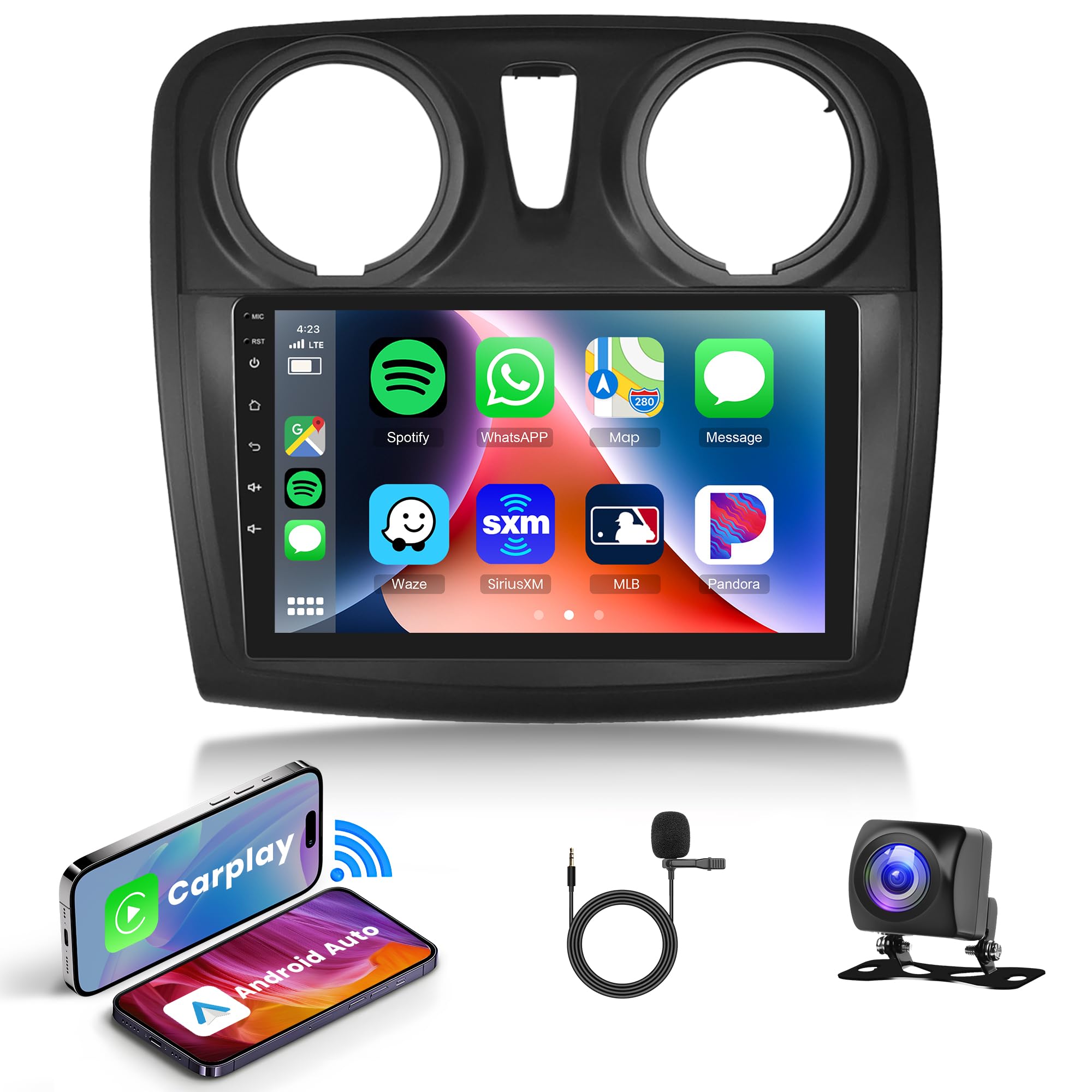 2G+64G Wireless Carplay Android Car Radio for Renault Dacia Logan 2 Sandero B52 2012-2019 9 Inch Radio with Android Auto Navi GPS WiFi Mirror Link Bluetooth FM/RDS/Dab/SWC Rear Camera