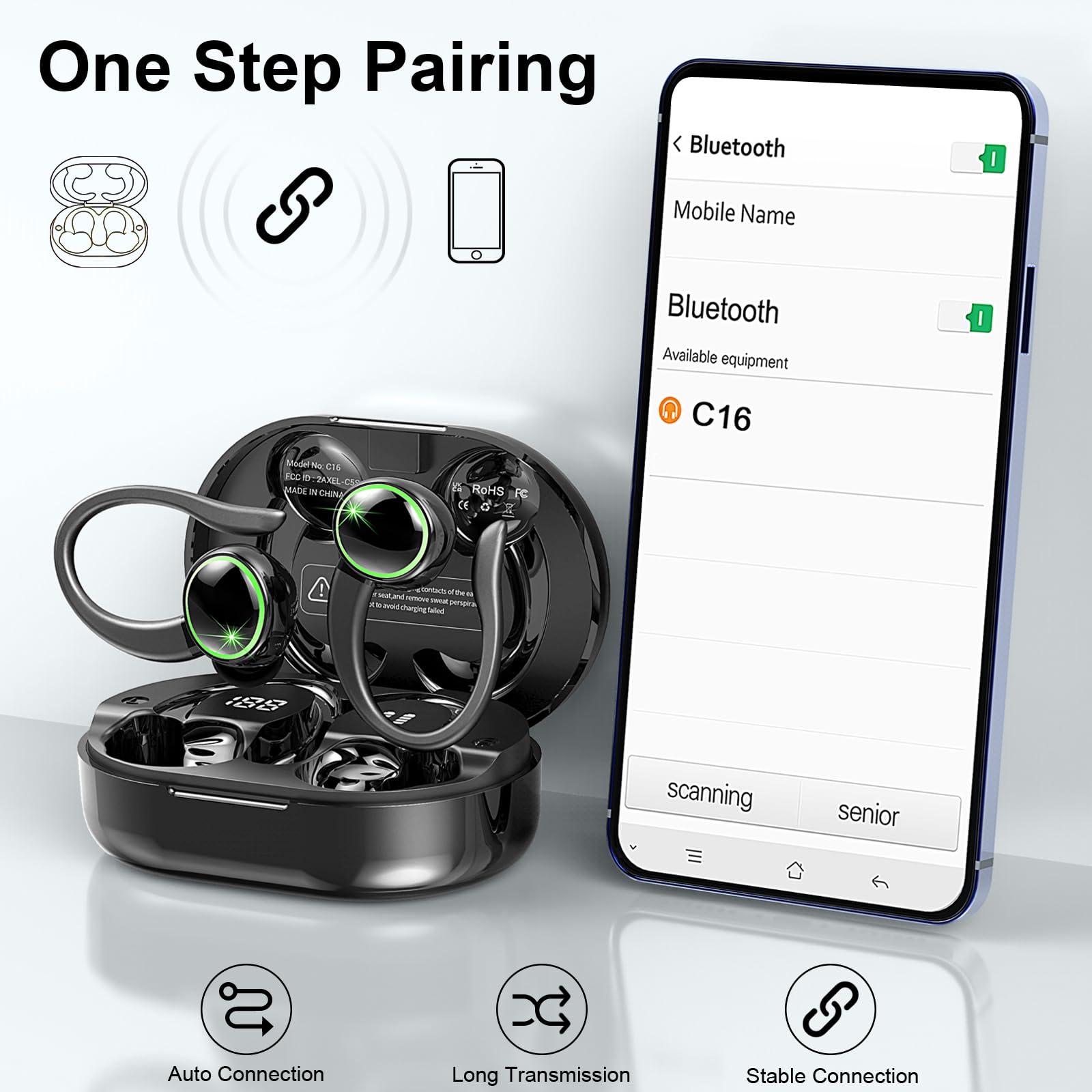 Wireless Sports Headphones, Bluetooth 5.4 HiFi Stereo Headphones with 4 HD Mic, 50H Wireless Bluetooth Headphones with Noise Cancelling ENC, LED Display, IP7 Waterproof Running Helmets