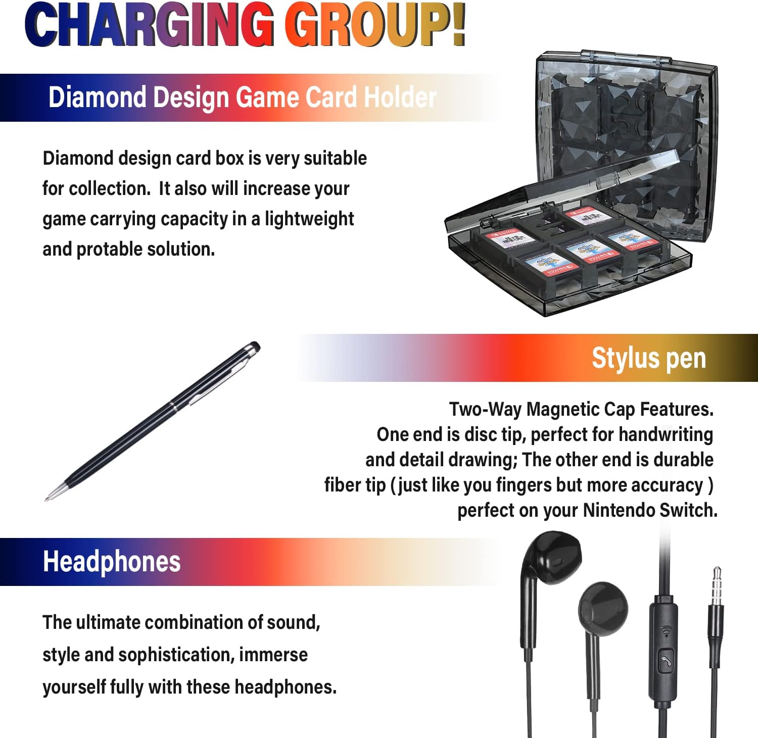 Kit de acessórios 18 em 1 para Nintendo Switch, com protetor de ecrã, suporte para jogos, tampa do disjuntor, tampa do Joystick, proteção do carregador para Joy-con Joystick