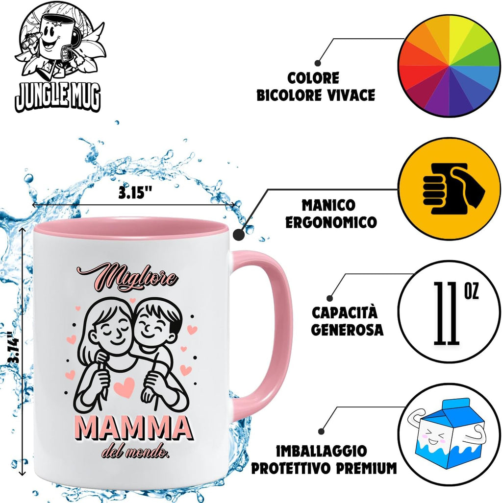 Jungle Mug Migliore Mamma del ondo caneca | ideia de presente italiana para o dia da mãe | ideia de presente amorosa para mãe com coração e criança