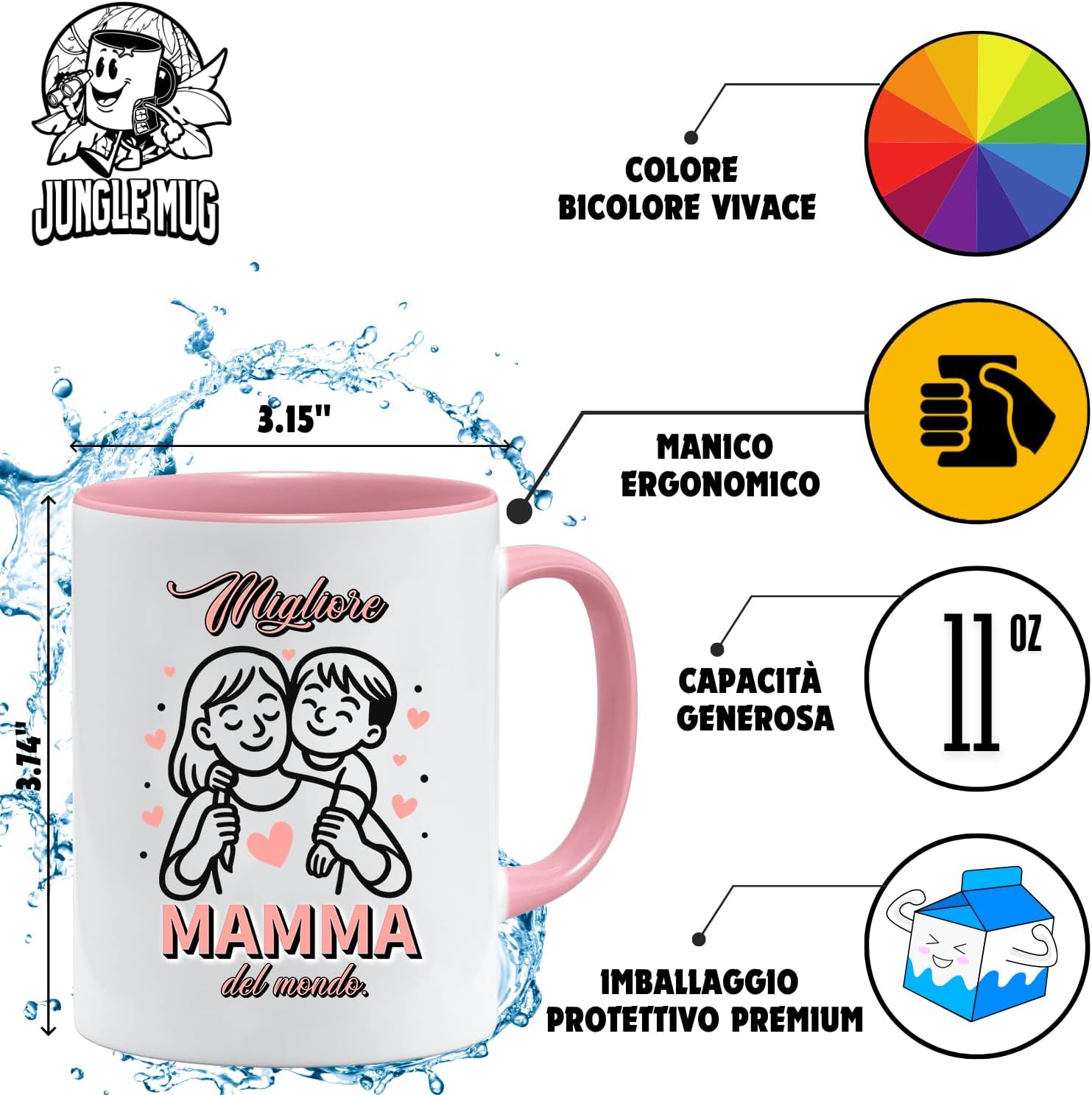 Jungle Mug Migliore Mamma del ondo caneca | ideia de presente italiana para o dia da mãe | ideia de presente amorosa para mãe com coração e criança