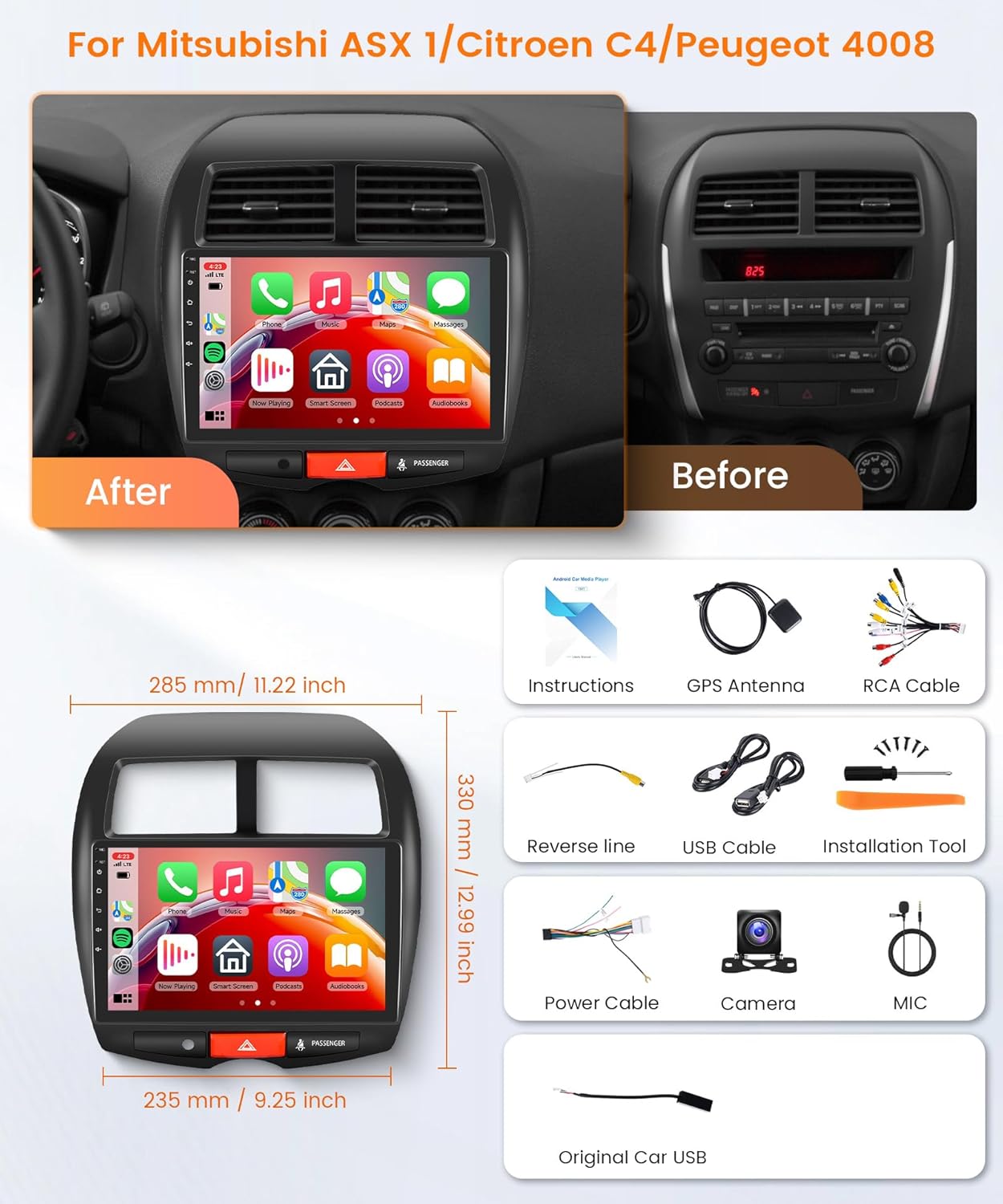 6G+128G 8 Core Wireless Carplay Android Car Radio for Mitsubishi ASX 1/Citroen C4/Peugeot 4008 10 Inch Radio with Android Auto GPS Navi WiFi Mirror Link Bluetooth FM/RDS/DSP EQ Rear Camera