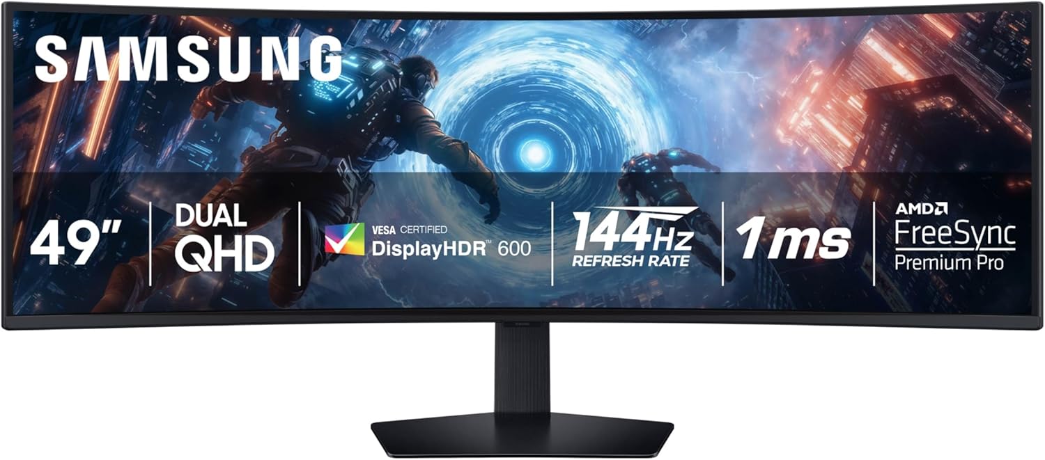 SAMSUNG 49-inch Odyssey G9 (G91F) DQHD, 144Hz, Curved Gaming Monitor, Ultra-Wide 32:9 Screen, DisplayHDR 600, AMD FreeSync™ Premium Pro, Ergonomic Stand, LS49FG910ENXZA, 2025