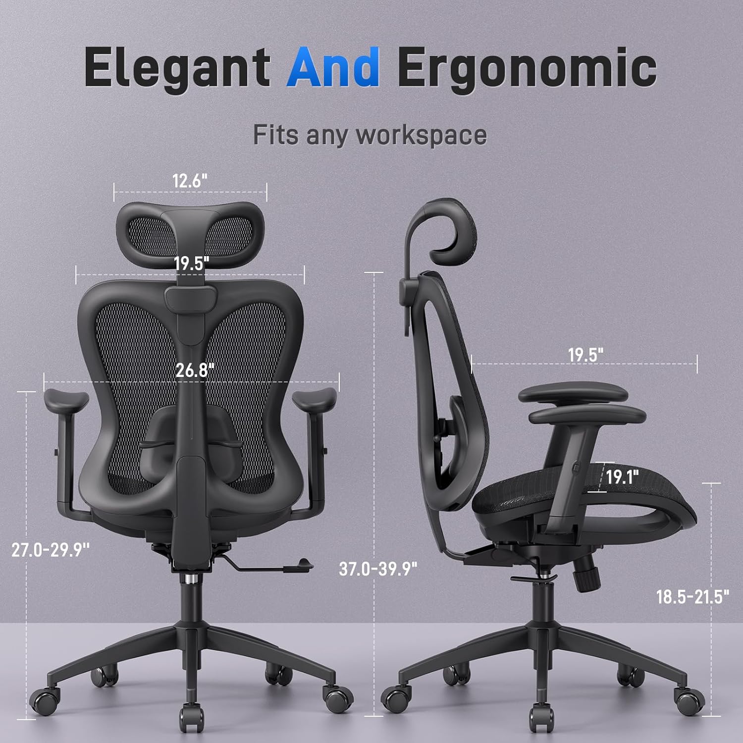 Ergonomic Office Desk Chair, Comfortable Computer Gaming Chair, Breathable Mesh Back & Seat, Adjustable Armrest & Headrest, Lumbar Support, Butterfly Design for Home Office (Black)