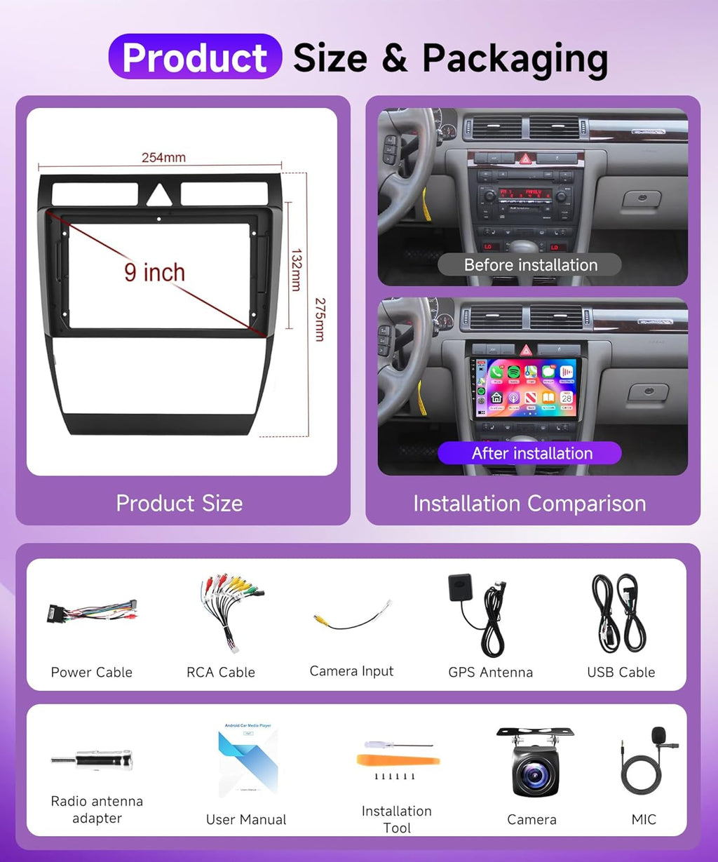 2G+64G Carplay Android Car Radio for Audi A6 C5 1997-2004 S6 1999-2004 RS6 2002-2006 9 Inch Car Radio with Android Auto GPS Navi WiFi Mirror Link Bluetooth FM/RDS EQ/USB/SWC Rear Camera