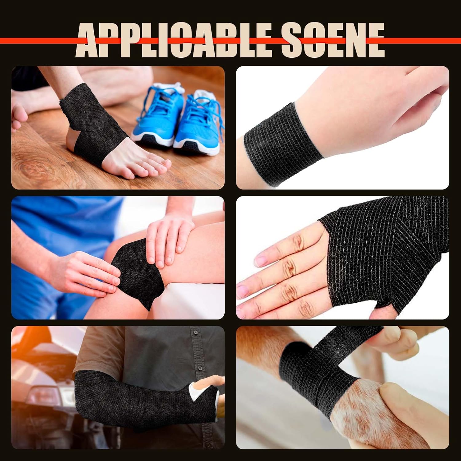 ROELLY 24 Rolls of Crossfit Tape, Sports Tape, 5 cm x 4.5 m, Cohesive Bandage, First Aid Bandages for Wrists, Ankles, Can Be Used for People or Small Animals, Black