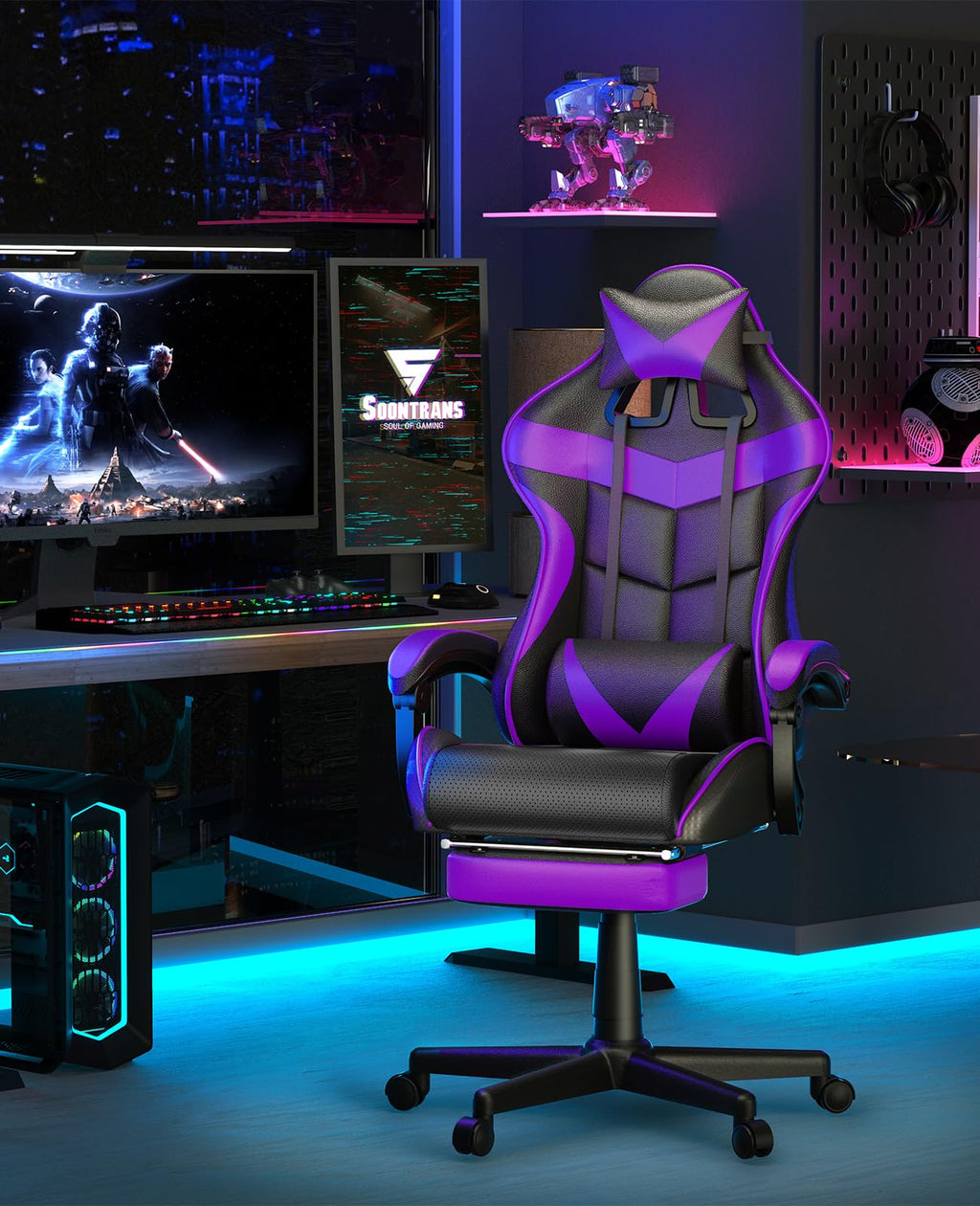 Silla gamer Soontrans con masajeador, reposapiés y reposacabezas, ergonómica, cojín de masaje lumbar, transmisión en vivo de YouTube y PlayStation (azul) 