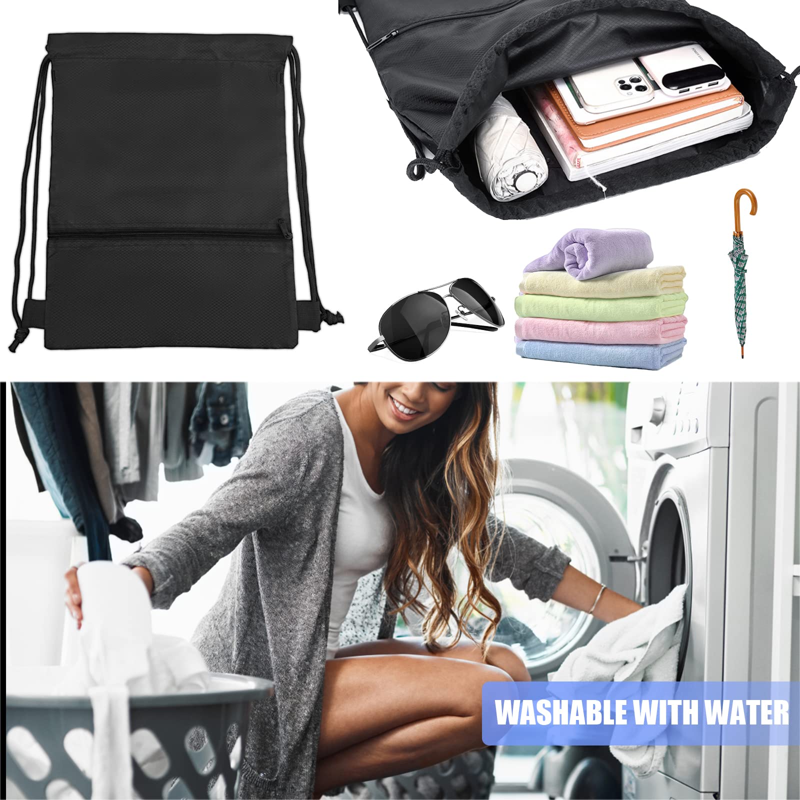 Jsdoin Waterproof Drawstring Bag for Gym, Sports Drawstring Backpack, Sports Bag, Zipper, School, Beach, Holiday, Swimming, Travel