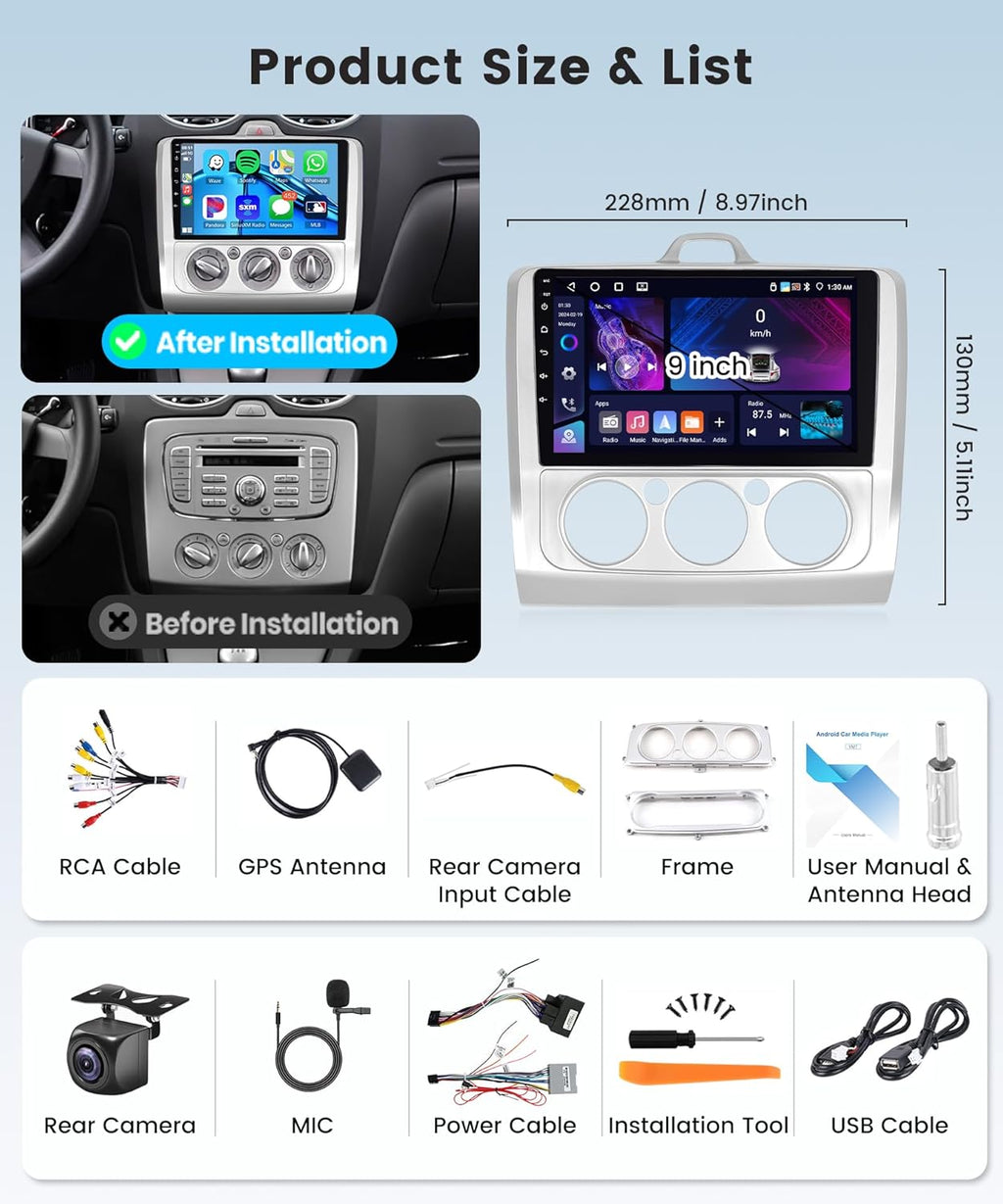 4G+64G Wireless Carplay Android 13 Car Radio for Ford Focus Mk2 Mk3 Exi MT 2 3 2004-2011 9 Inch with Android Auto Navi GPS WiFi Bluetooth FM/RDS/Dab/DVR/SWC Rear Camera