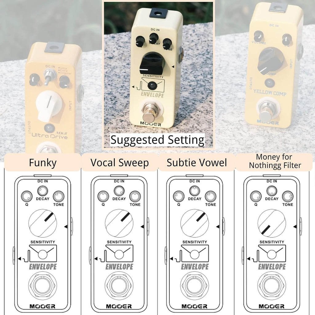 MOOER - Analog envelope filter, dynamic automatic Wah pedal, exaggerated funk, subtle and sensual, static frequency filter effects for guitar and bass.