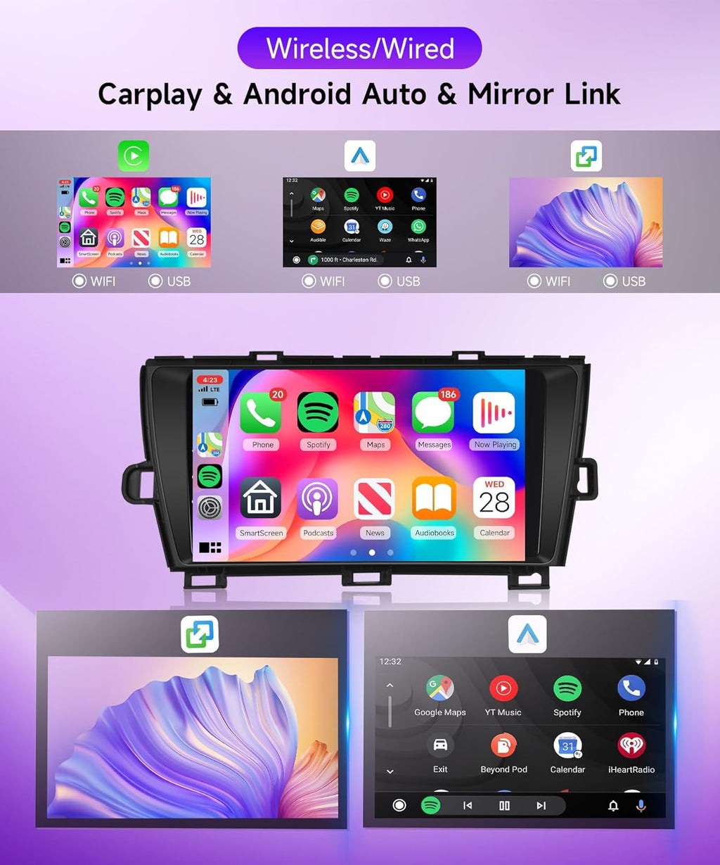 2G+64G Wireless Carplay Android Car Radio for Toyota Prius 3 XW30 2009-2015 9 Inch Car Radio 2 DIN with Android Auto GPS Navi WiFi Mirror Link Bluetooth FM/RDS EQ/USB/SWC Rear Camera