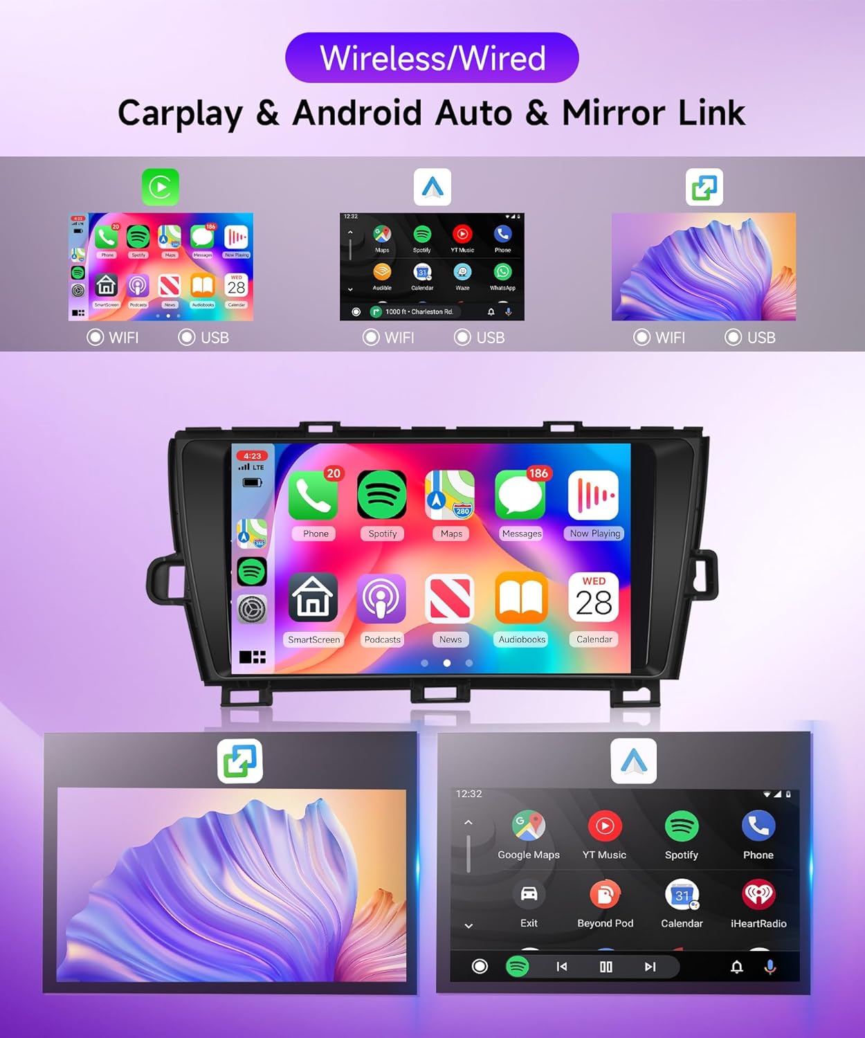 2G+64G Wireless Carplay Android Car Radio for Toyota Prius 3 XW30 2009-2015 9 Inch Car Radio 2 DIN with Android Auto GPS Navi WiFi Mirror Link Bluetooth FM/RDS EQ/USB/SWC Rear Camera