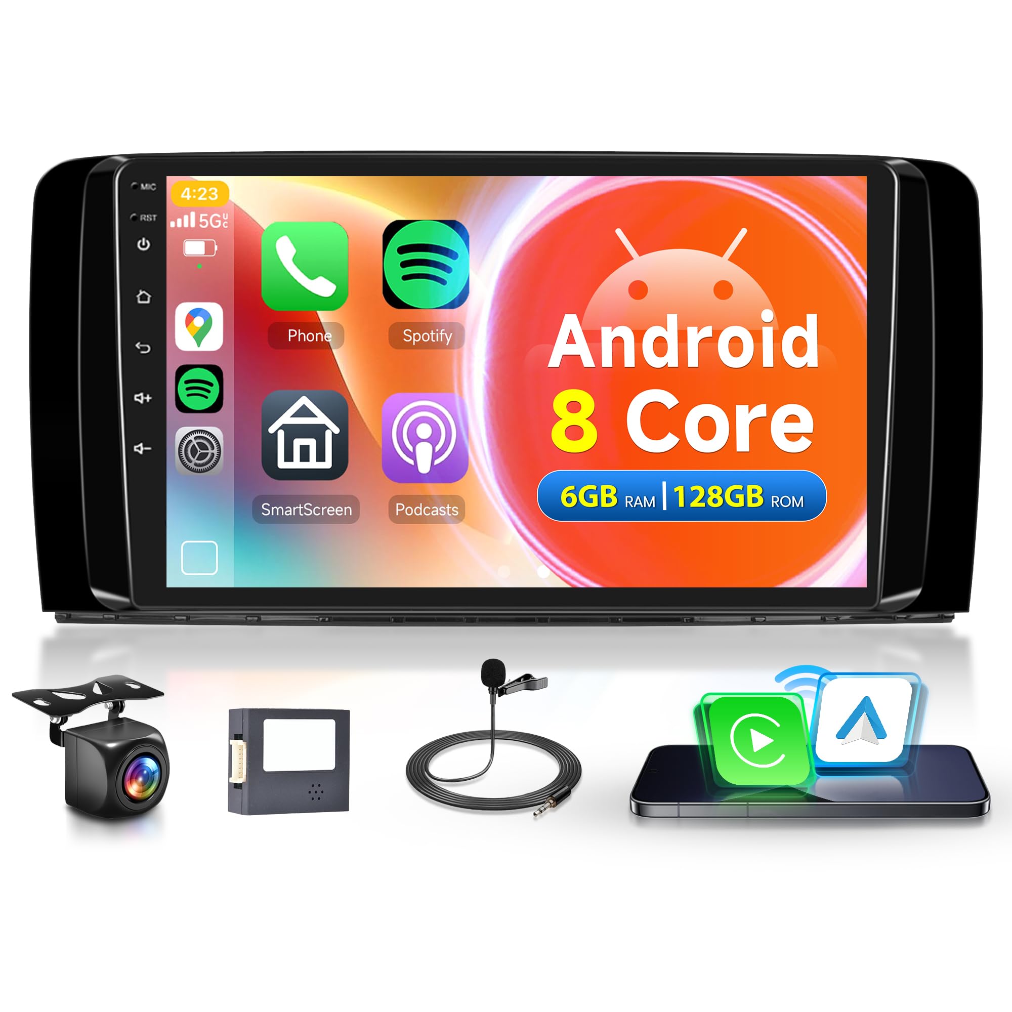 2G+64G Wireless Carplay Android Car Radio for Mercedes Benz R Class W251 R280 R300 R320 R350 R63 2005-2017 9 Inch Radio with Android Auto Navi GPS WiFi Bluetooth FM/RDS/SWC Rear Camera