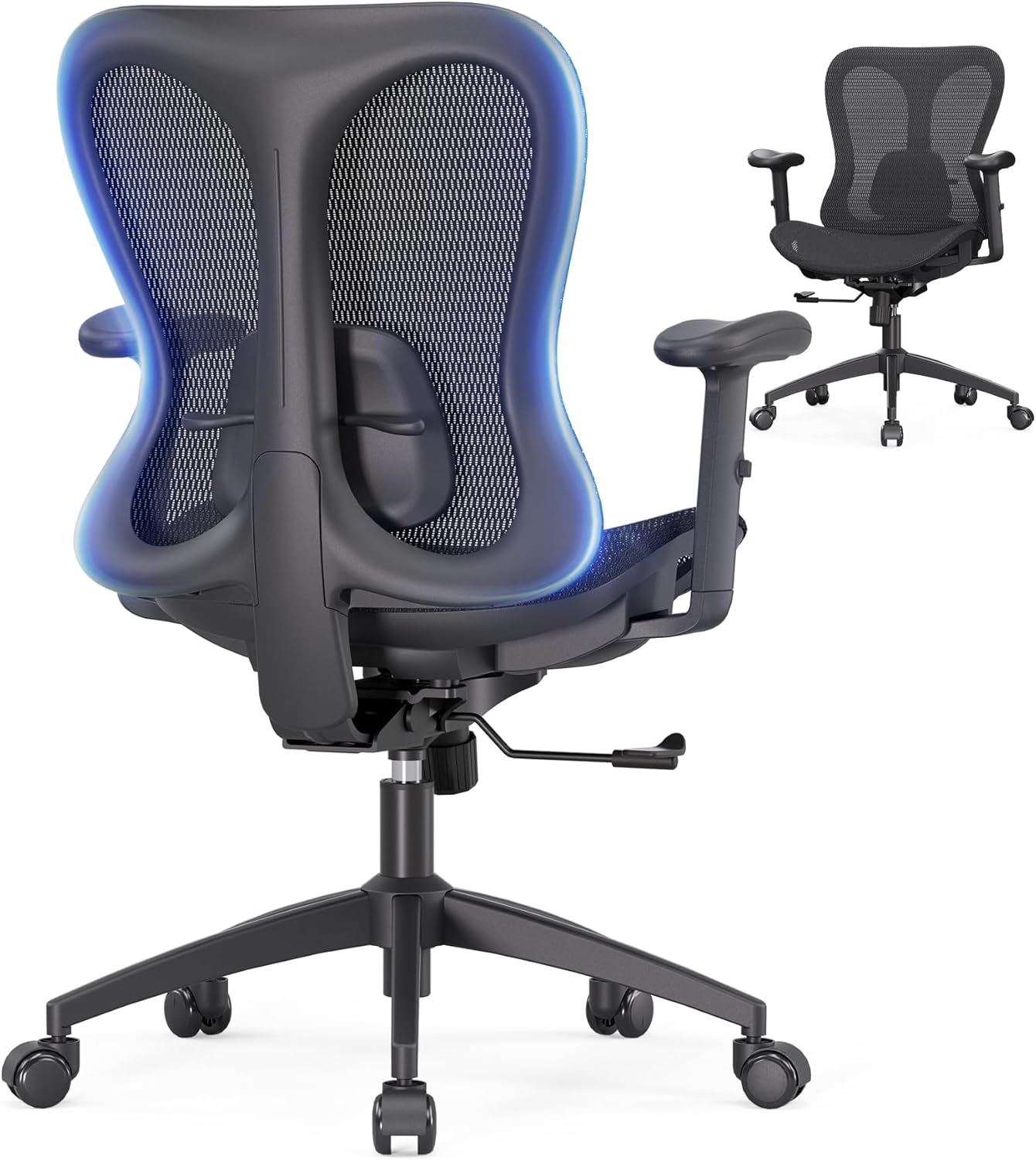 Ergonomic Office Desk Chair, Comfortable Computer Gaming Chair, Breathable Mesh Back & Seat, Adjustable Armrest & Headrest, Lumbar Support, Butterfly Design for Home Office (Black)